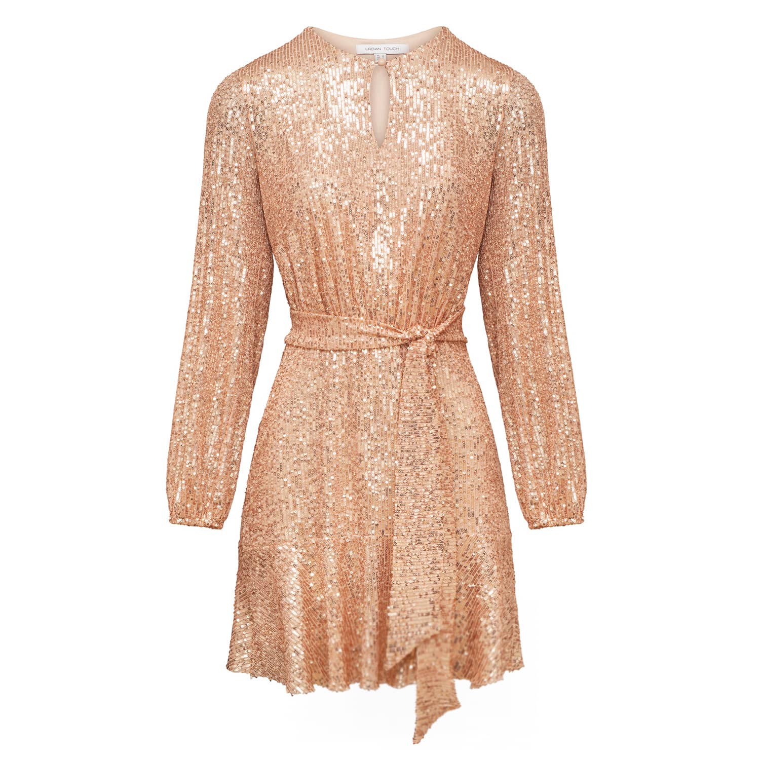 fitted lace wedding dress Carmina Gold Sequin Plunge-Neck Wrap Mini Dress With Sash Detail – Club L  London main image 0