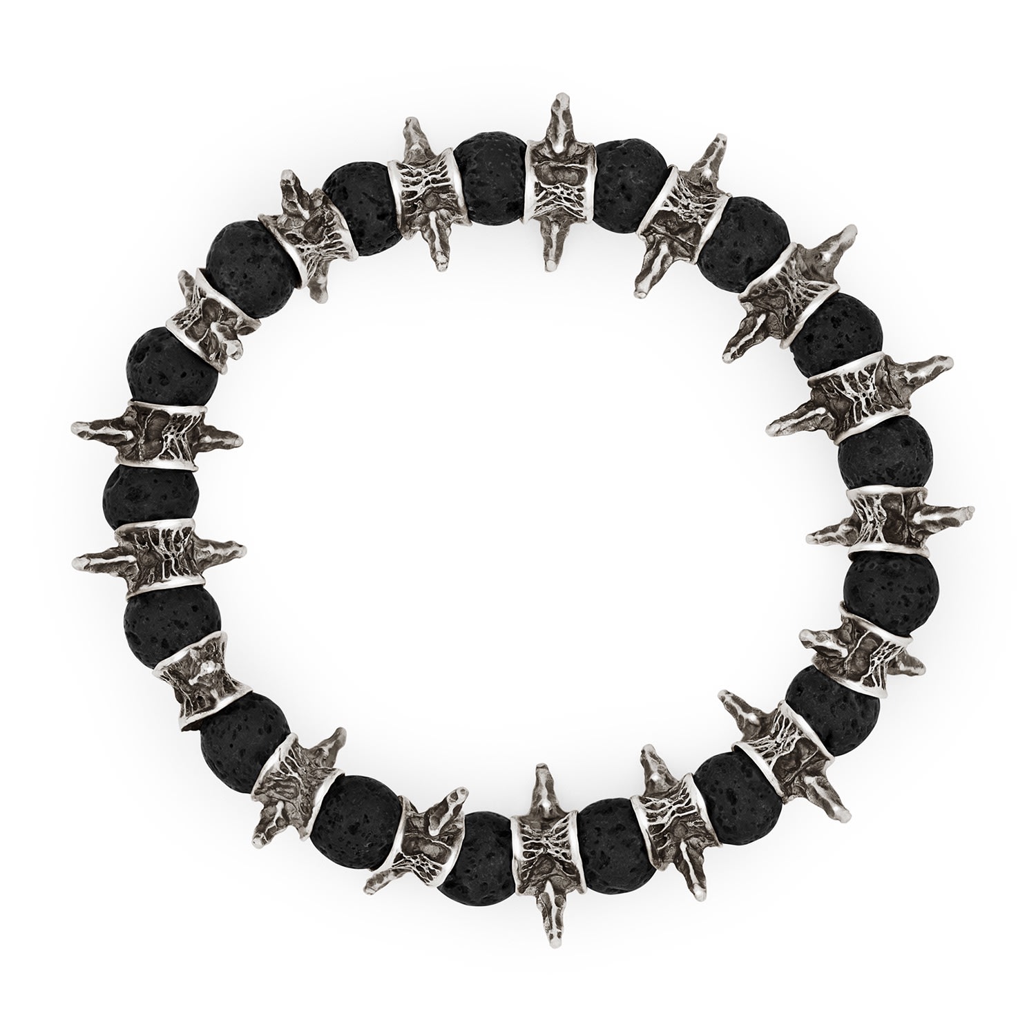 Men’s Black / Silver Lava Beads Oxidized Sterling Silver Spiky Bracelet Snake Bones