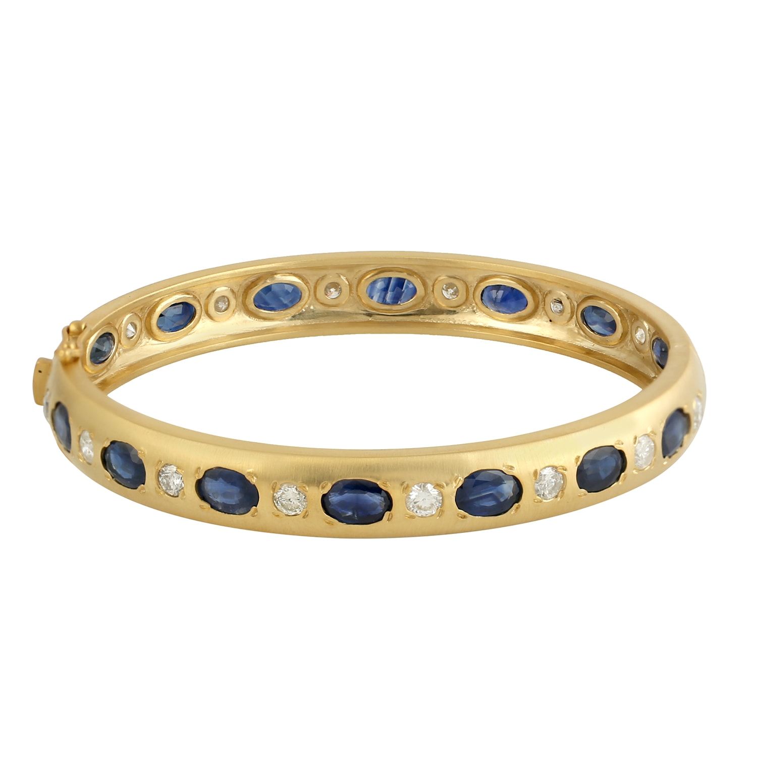 Women’s Blue / White / Gold Bezel Set Oval Cut Blue Sapphire & White Diamond 10K Gold Designer Bangle Artisan