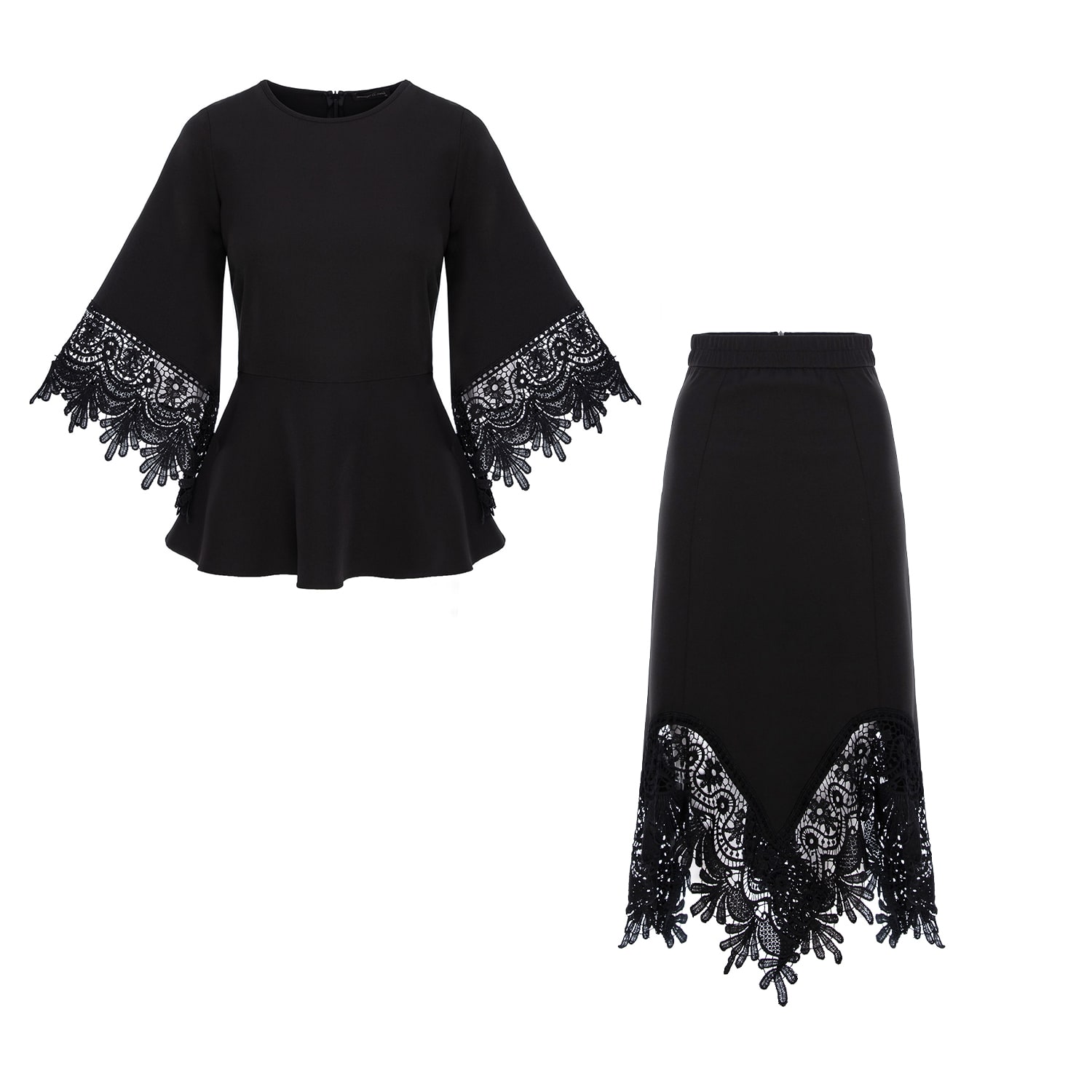 Concept A Trois Black Set: Top And Skirt With Lace Details In Black