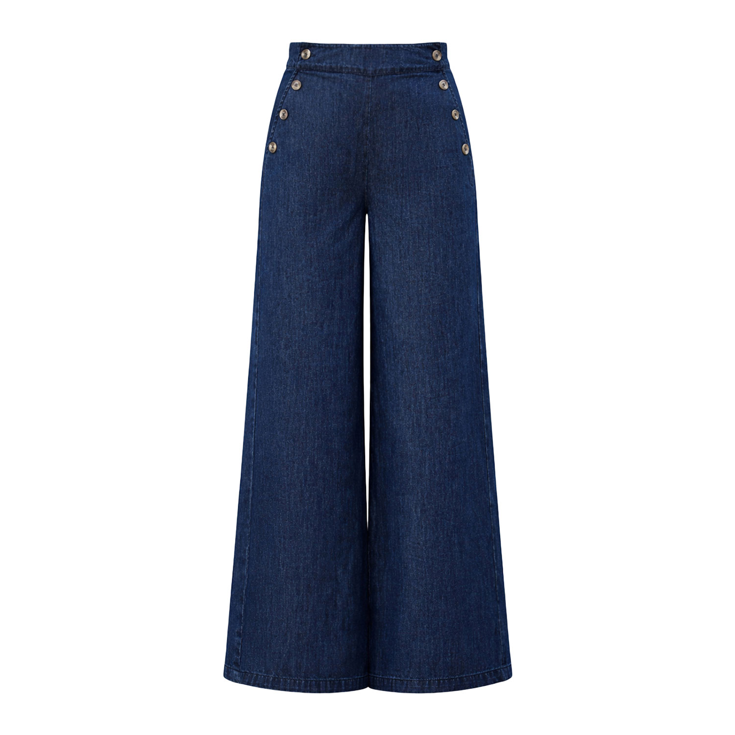 Yumi Blue Chambray Wide Leg Trousers With Button Details | Yumi