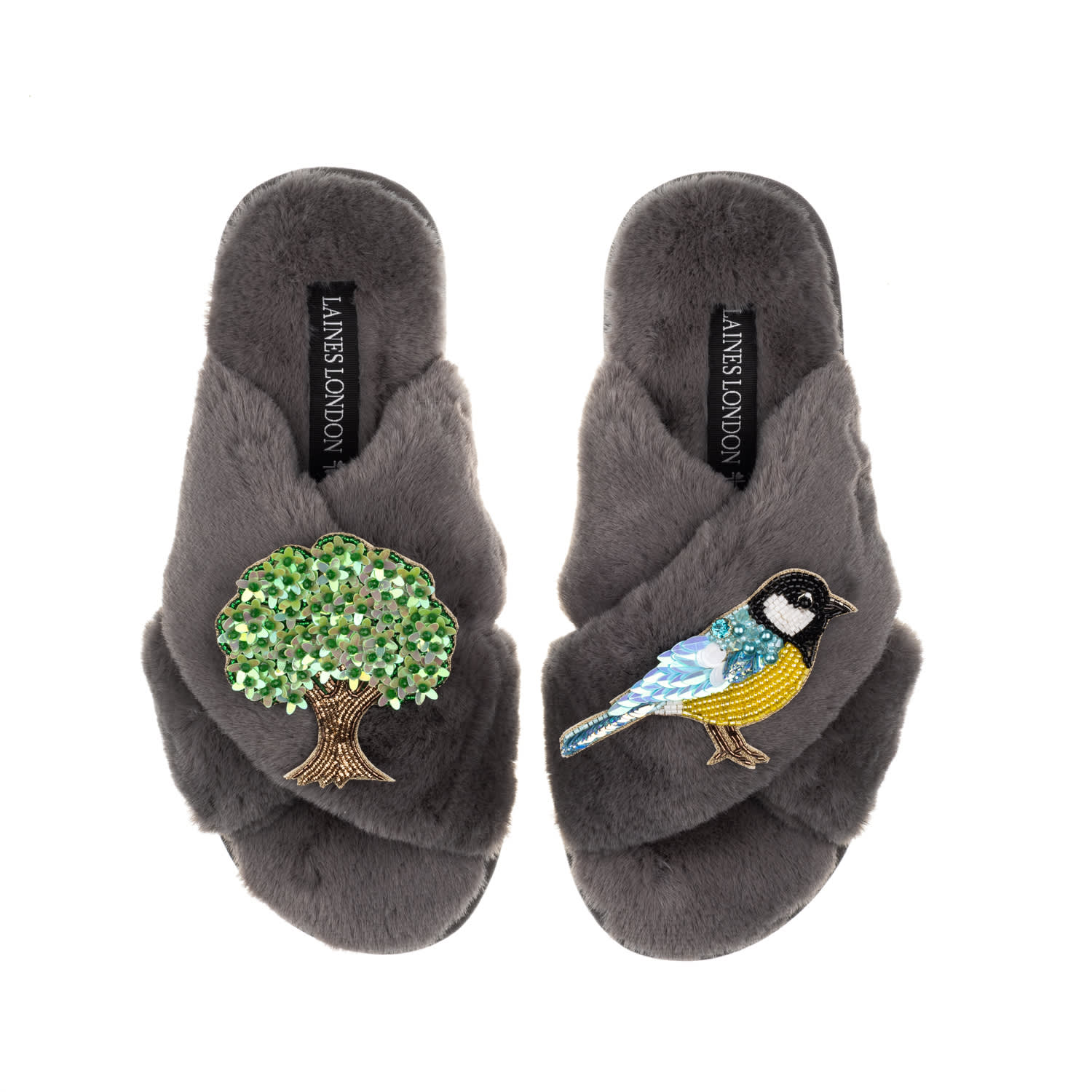 Laines London Women's Classic Laines Slippers With Oak Tree & Blue Tit Brooches - Grey In Grey