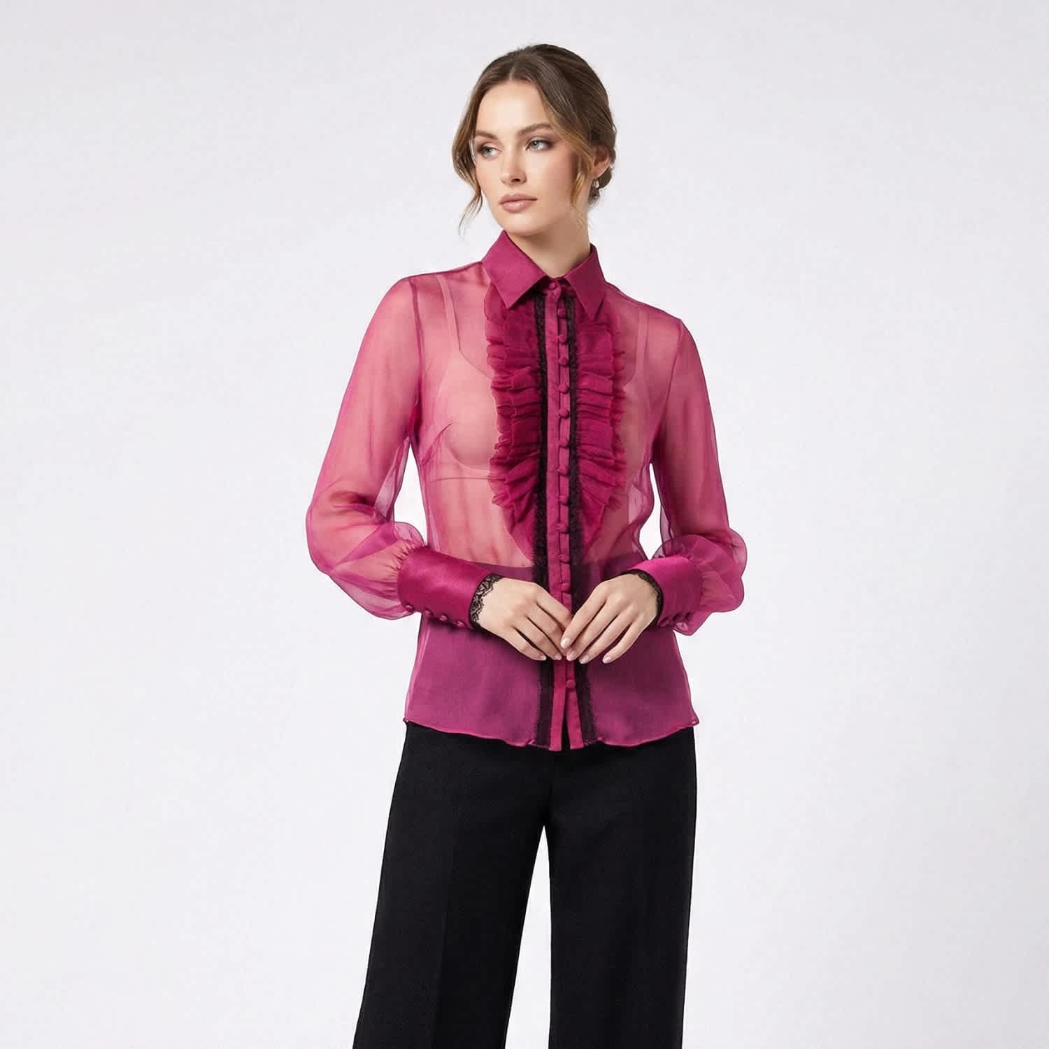 Silk Ruffle Buttoned Down Shirt – Fuchsia | AVENUE N°29 | Wolf
