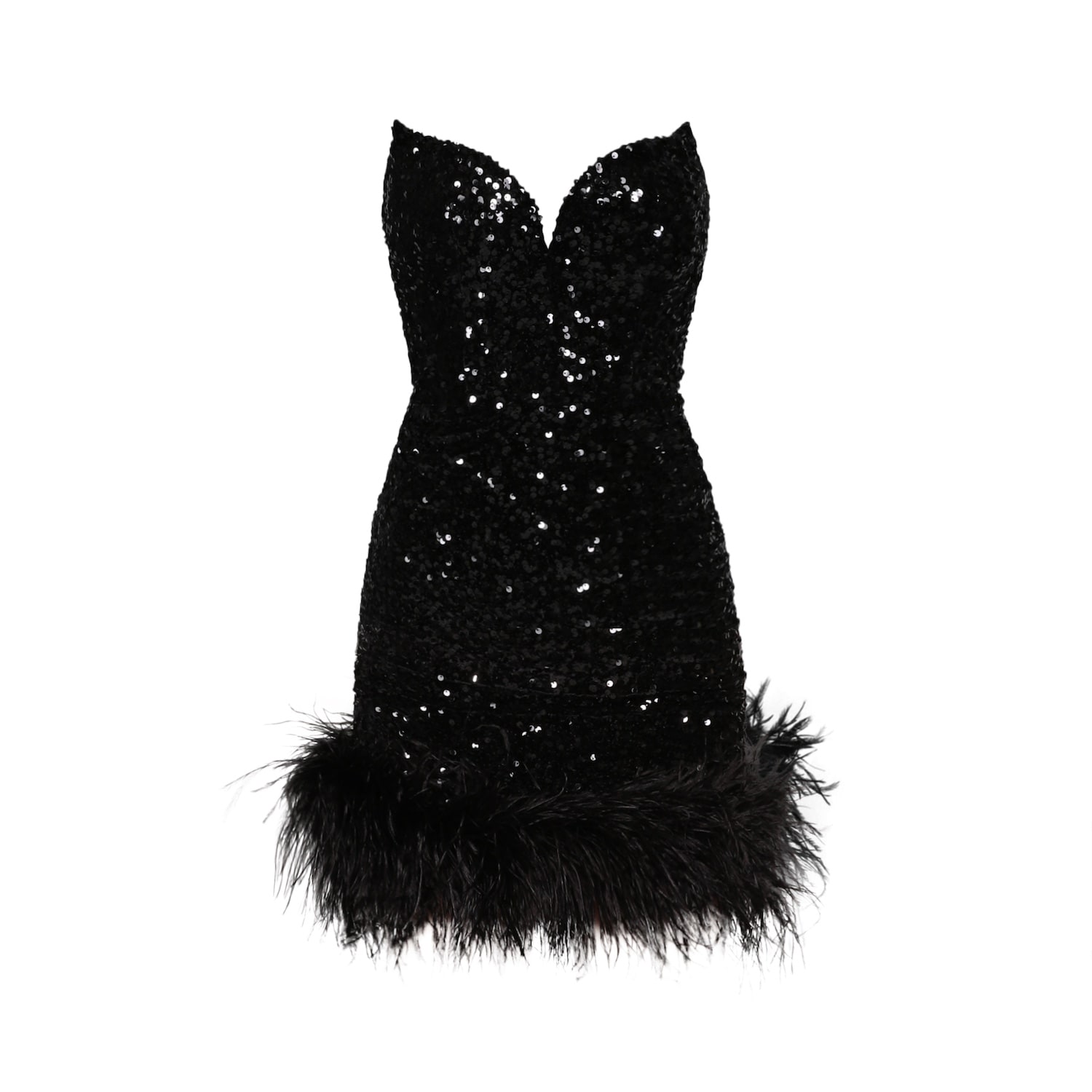 Moda Glam Women's Ziva Strapless Sequin Mini Dress W/ Feather Trim- Black In Black