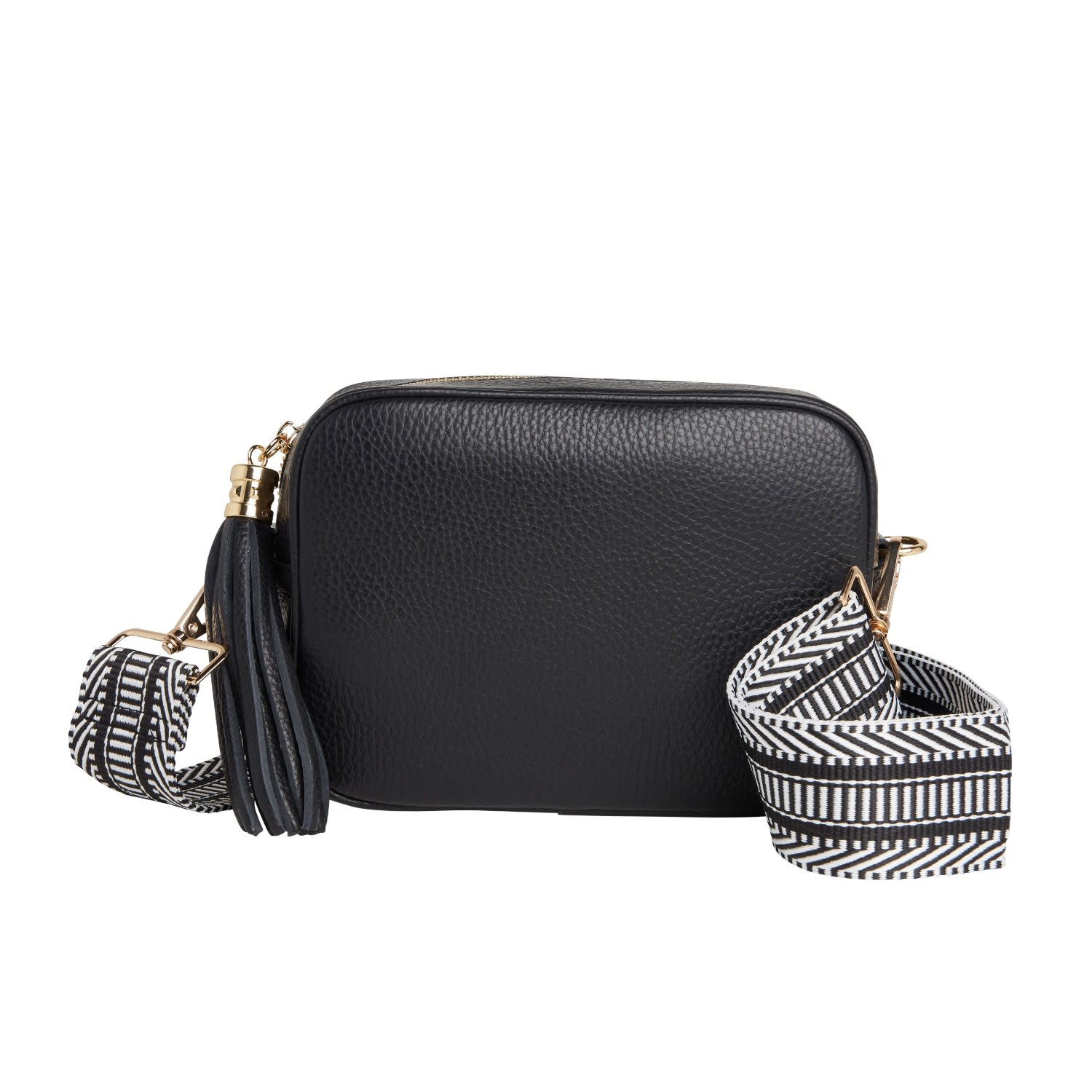 Betsy & Floss Women's Verona Crossbody Tassel Black Bag With Black & White Chevron Strap In Black