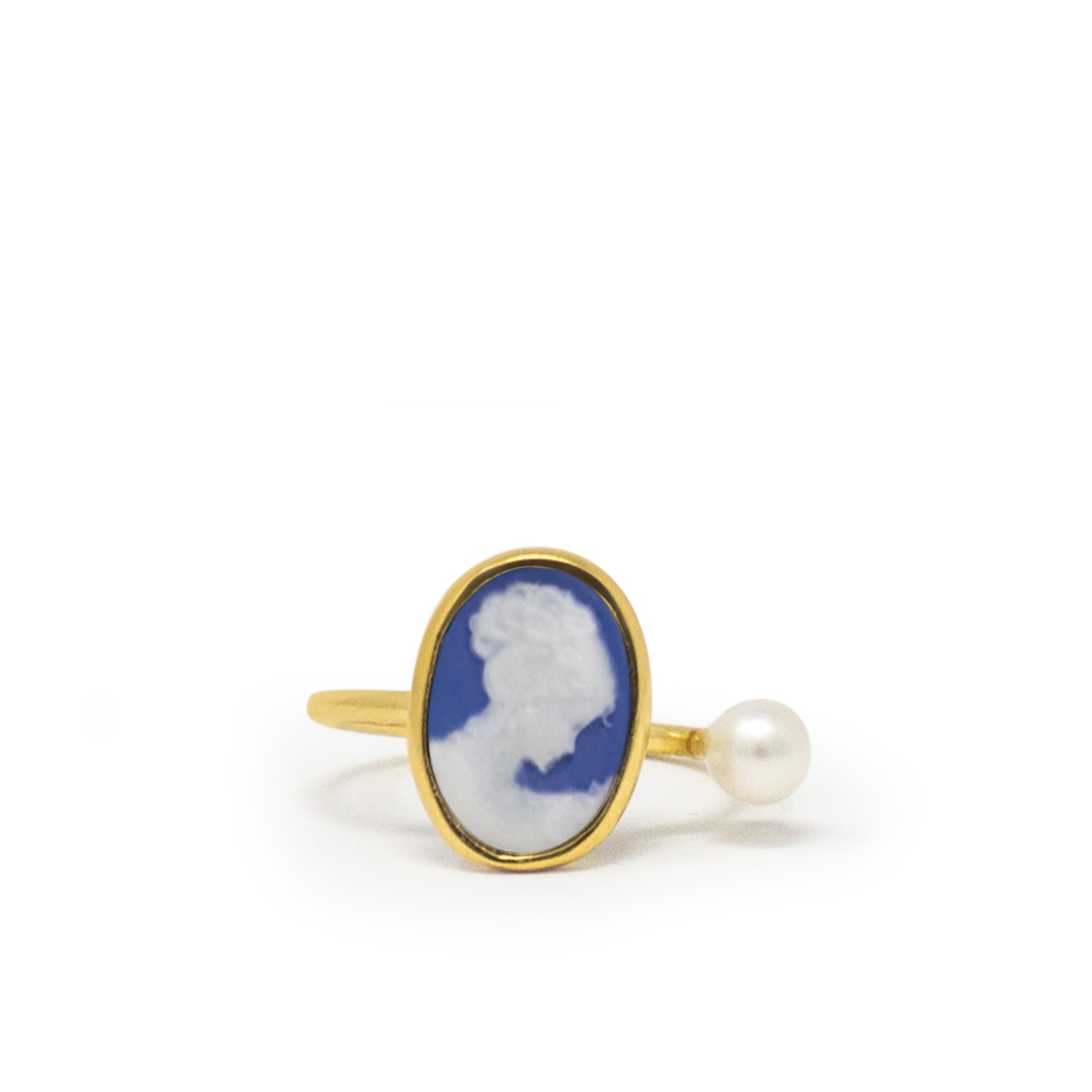 Women’s Blue / Gold Gold-Plated Blue Mini Cameo Ring With A Pearl Vintouch Italy