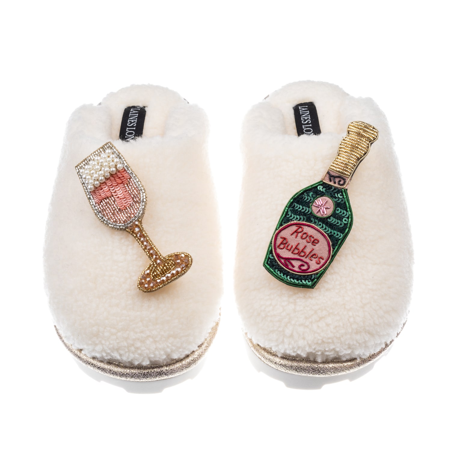 Laines London Women's White Teddy Closed Toe Slippers With Pink Champagne & Glass Brooches - Cream In White