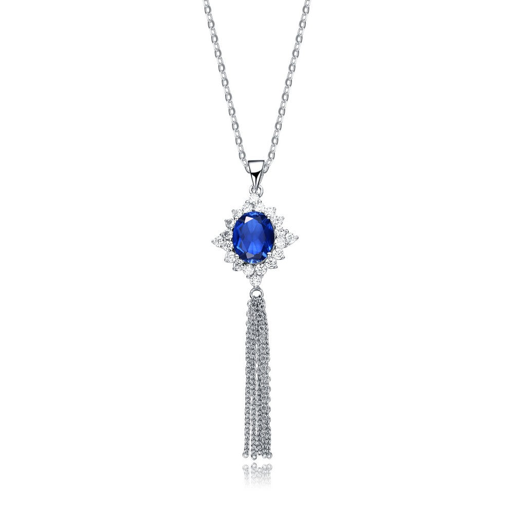 Women’s Blue / White / Silver Sterling Silver Deep Blue Cubic Zirconia Tassel Necklace Genevive Jewelry