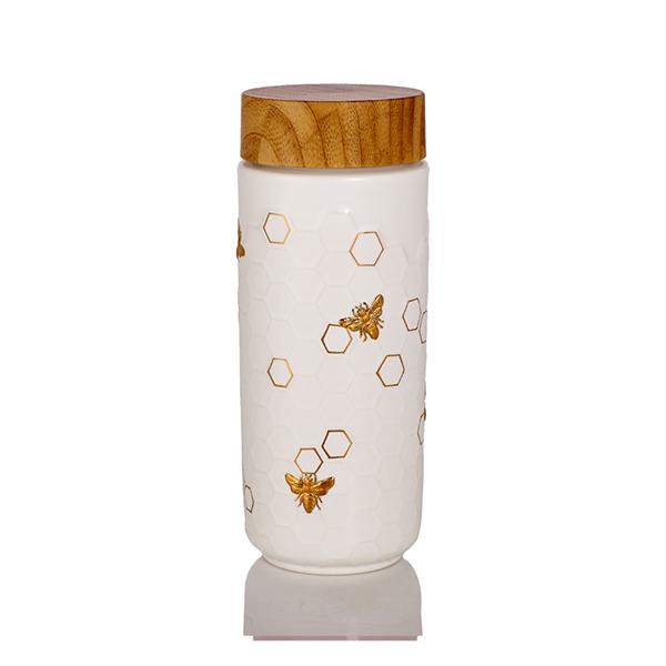 Gold / White Honey Bee Ceramic Travel Mug - White And Hand- Gold, White Acera