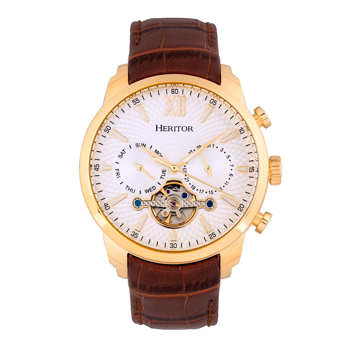 Heritor Automatic Arthur Semi-skeleton Leather-band Watch With Day & Date In Brown