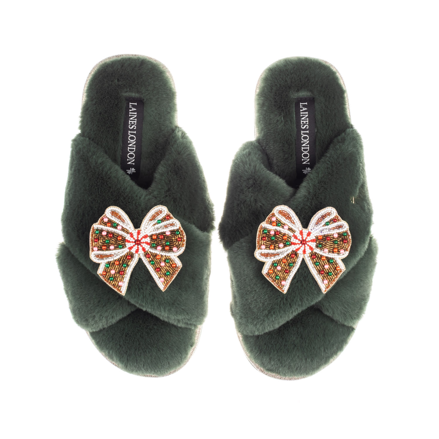 Laines London Women's Green / Gold Classic Laines Slippers With Christmas Gingerbread Bows Brooches - Limited Edit In Multi