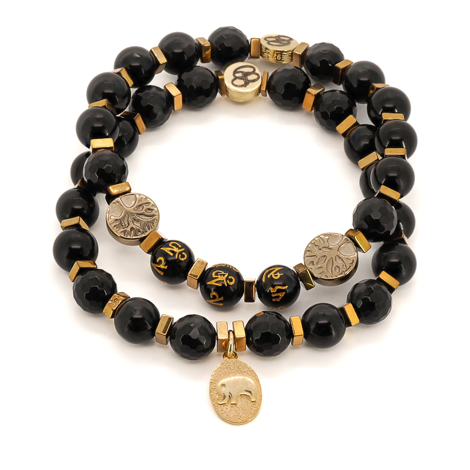 Women’s Gold / Black Black Onyx Gold Elephant Yoga Journey Bracelet Set - Black Ebru Jewelry