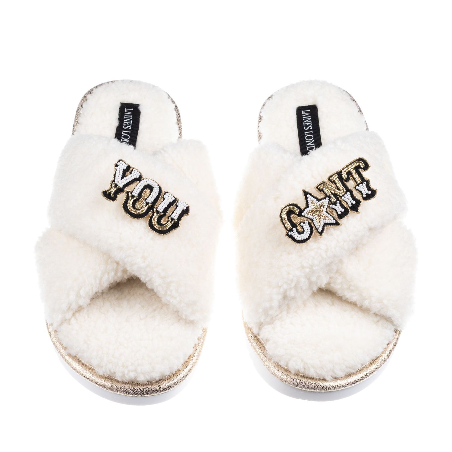 Laines London Women's Neutrals / White Laines Neutral Boucle Slippers With You Cunt Brooches - Cream In White