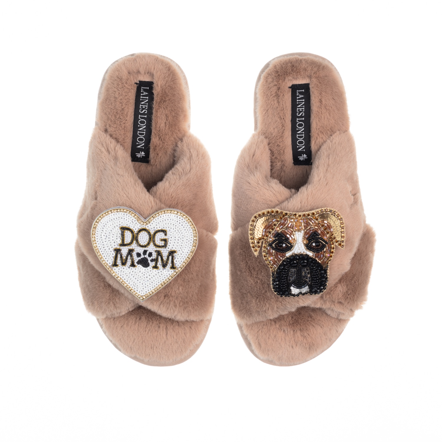 Women’s Brown Classic Laines Slippers With Pip The Boxer & Dog Mum / Mom Brooches - Toffee Large Laines London