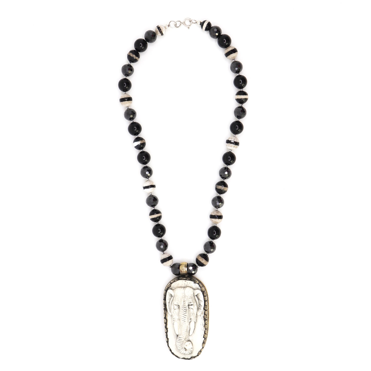 Shar Oke Women's Black / White / Neutrals Black Cubic Zirconia, Onyx & Elephant Bone Pendant Beaded Necklace In Multi