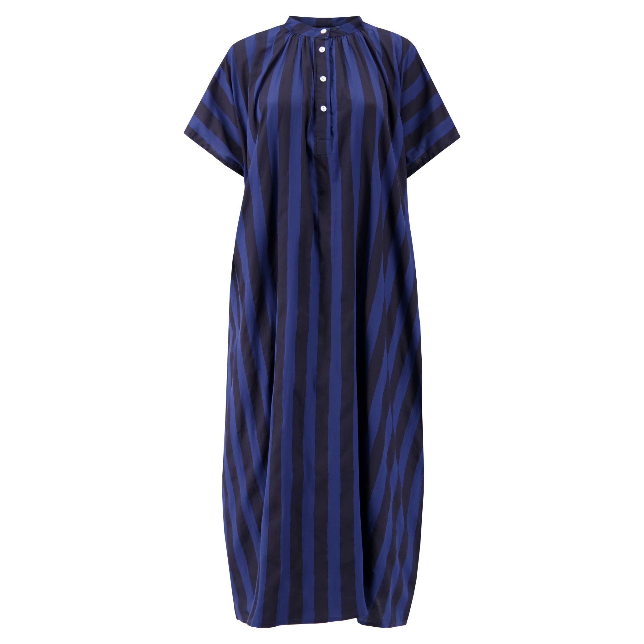 Women’s Blue / Black Shary Organic Cotton Short-Sleeved Long Dress With Gathered Neckline And Side Pockets In Midnight Cabana Stripe Block Print One Size Kate Austin Designs