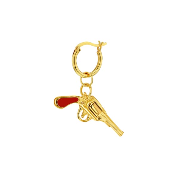 True Rocks Red Enamel & 18 Carat Gold Plated Pistol Earring On Gold Hoop