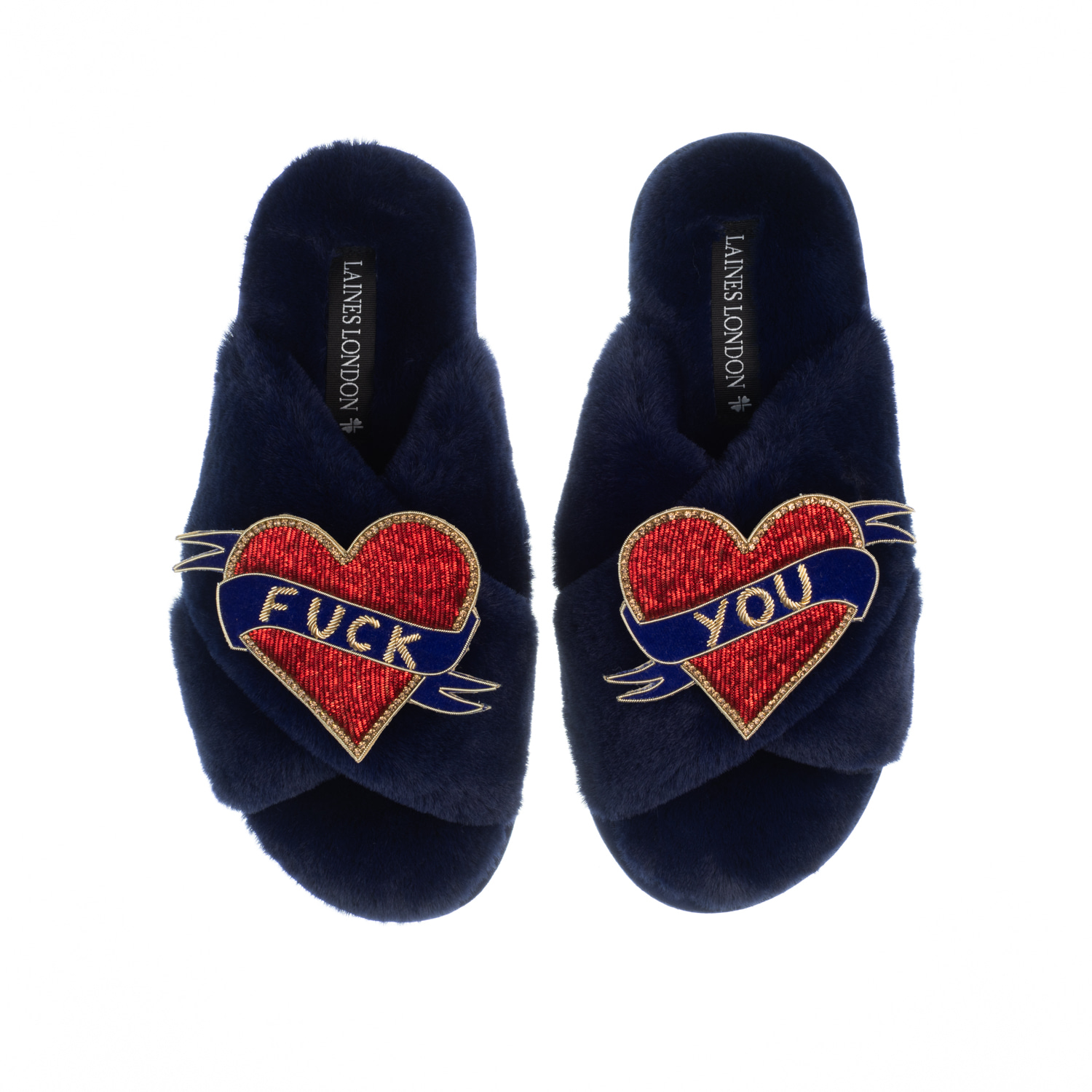 Laines London Women's Blue Classic Laines Slippers With Fuck You Brooches - Navy In Blue