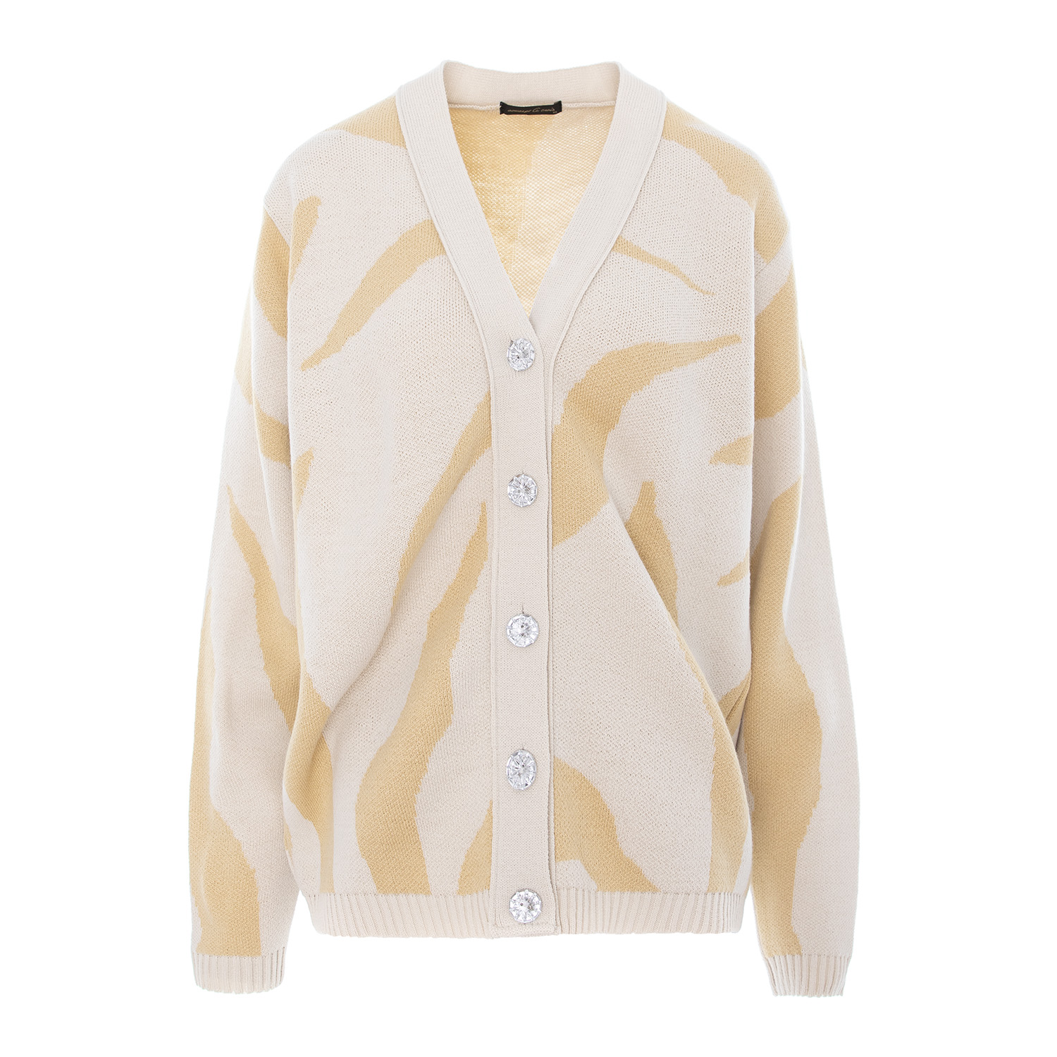 Concept A Trois Women's Neutrals Cream&beige Printed Cardigan With "v" Neckline, Knitted, With Crystal Buttons In Beige/white