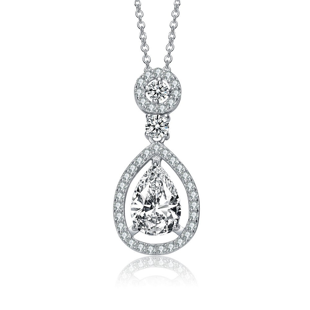 Women’s White / Silver Sterling Silver With Rhodium Plated Clear Pear With Round Cubic Zirconia Accent Drop Necklace Genevive Jewelry