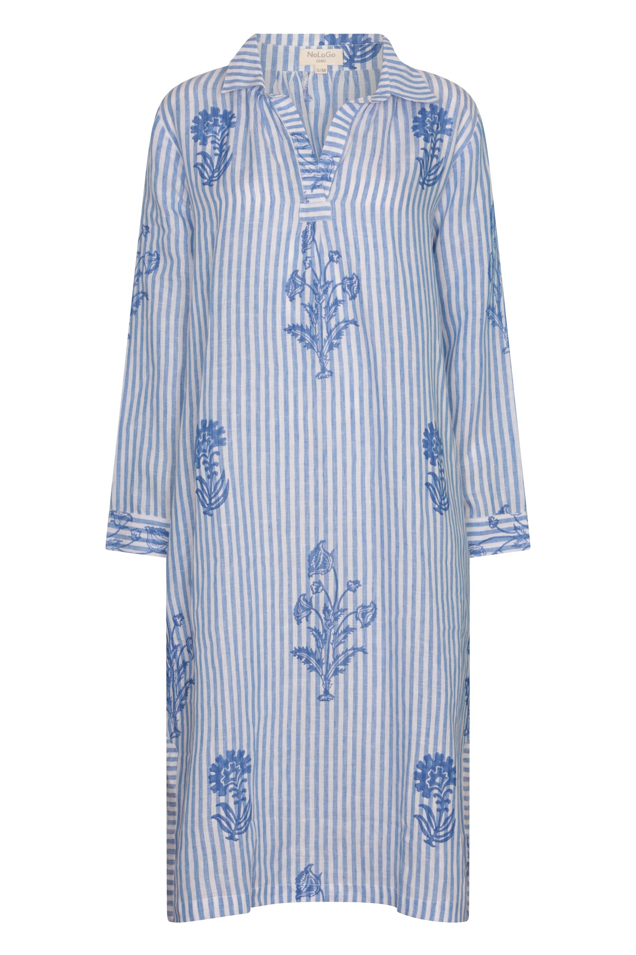 Women’s Tourist Hand Printed Stripe Linen Tunic Dress - Blue And White Large Nologo-Chic