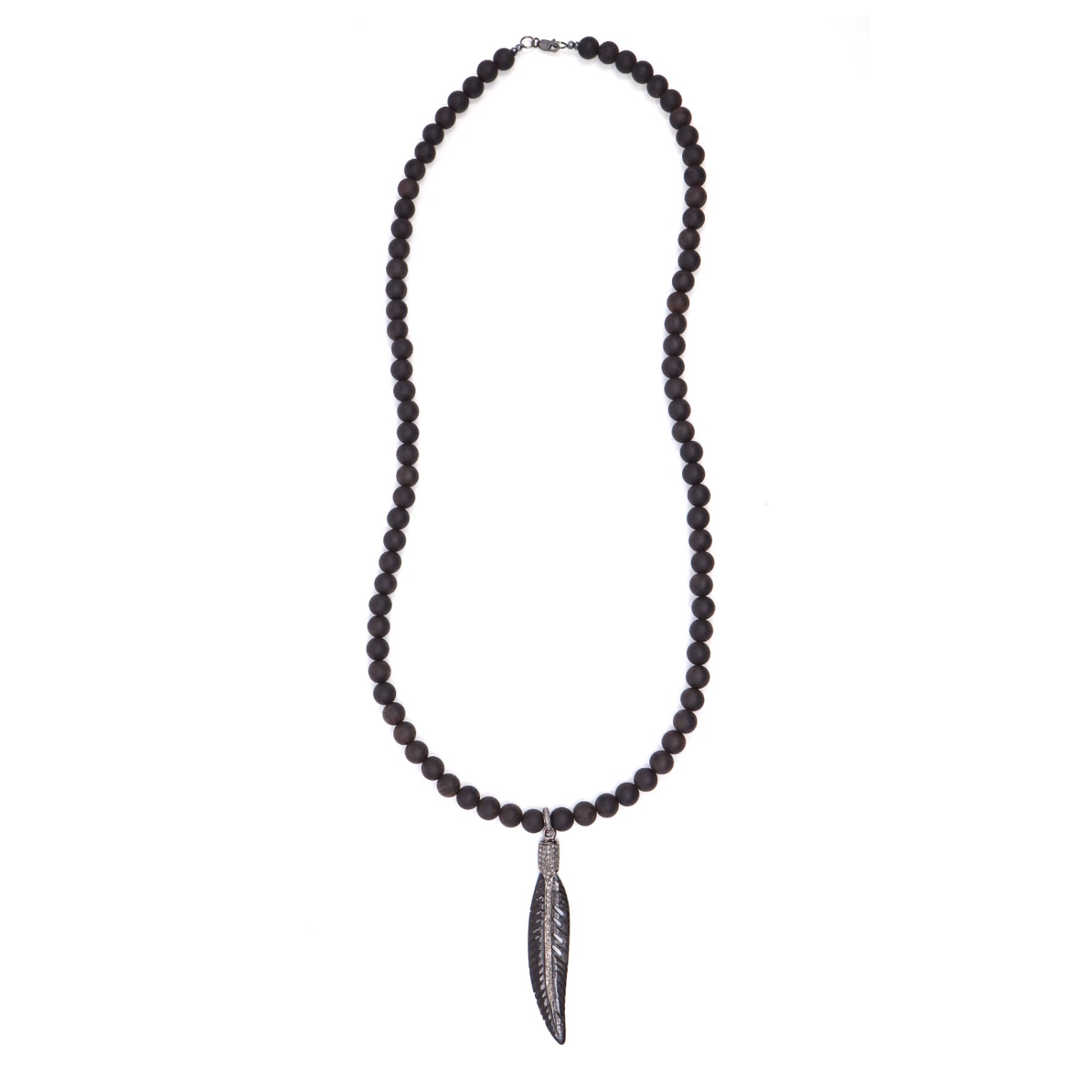 Men’s Brown / Silver Ebony Wood, Feather Carved In Horn & Diamonds Pendant Necklace Shar Oke