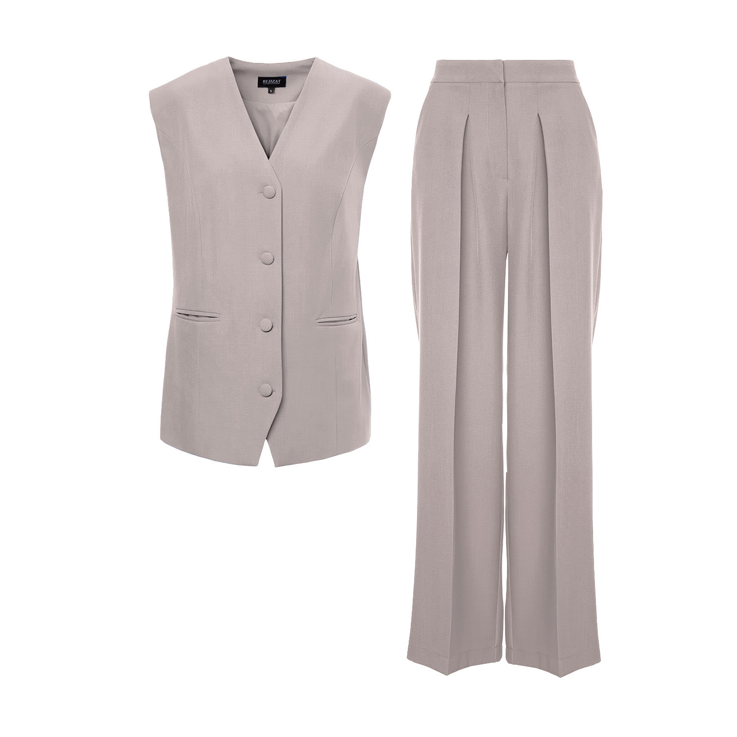 Bluzat Women's Neutrals Beige Suit With Oversized Vest And Ultra Wide Leg Trousers In Gray