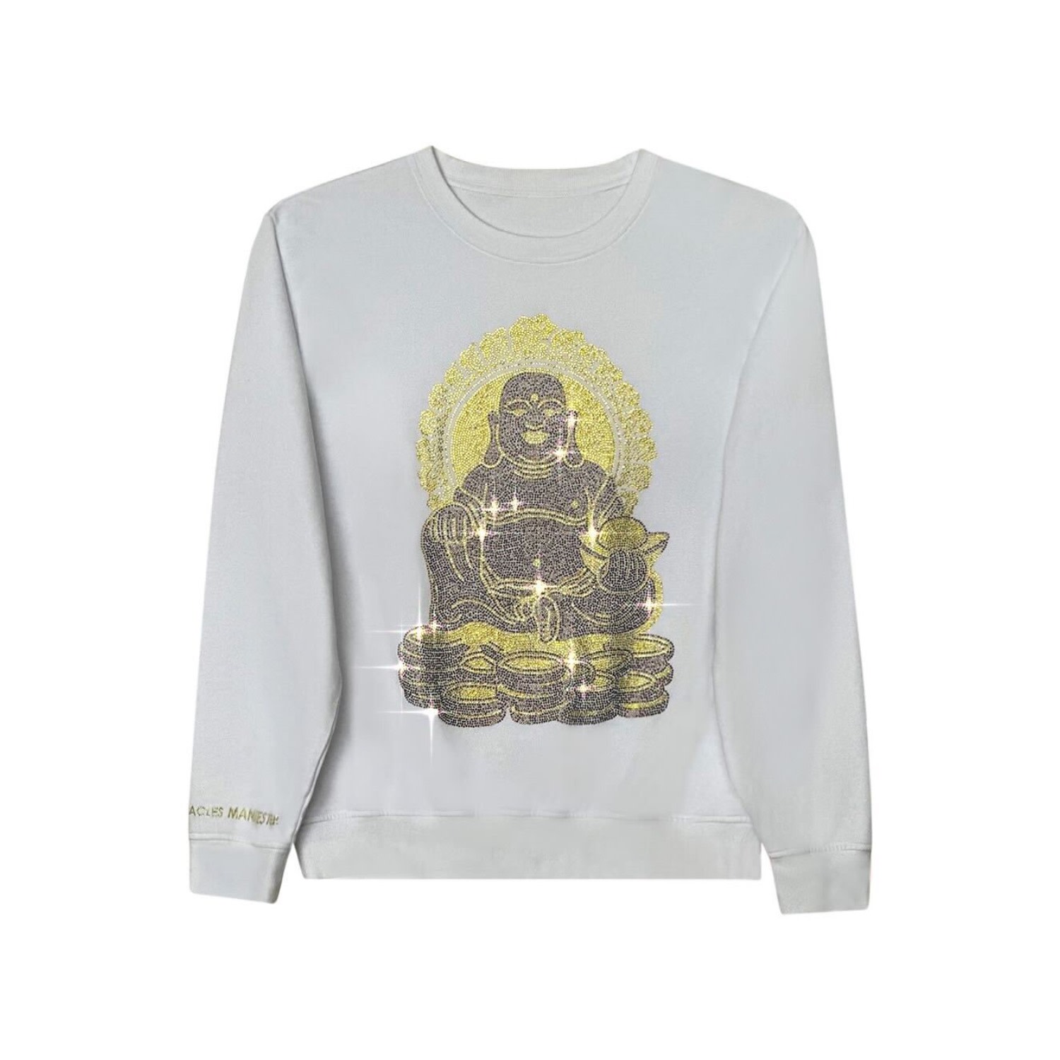 Miracles Manifester Women's Happy Buddha - Lucky Feng Shui Rhinestoned Sweatshirt - White In Gray