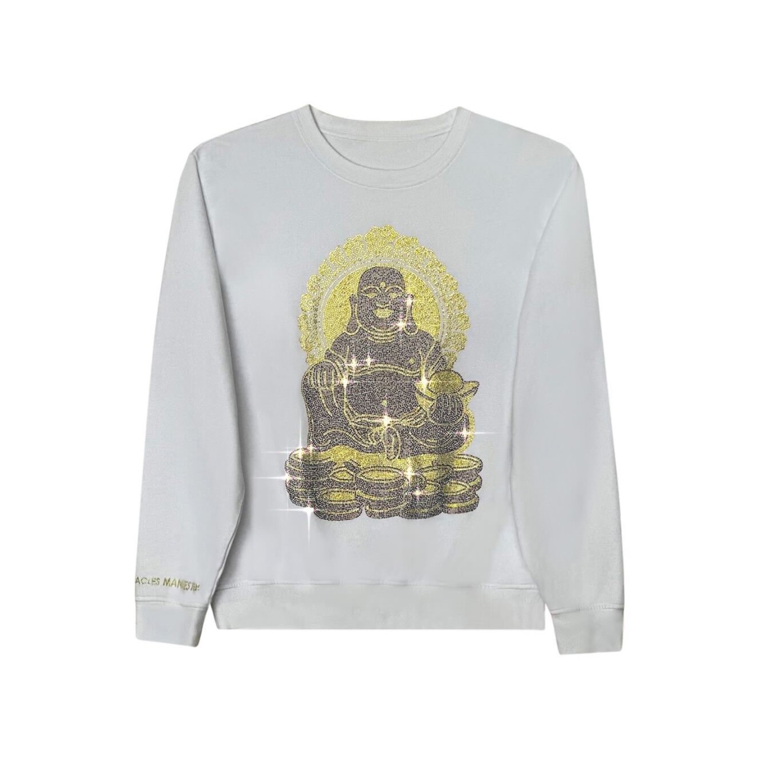 Miracles Manifester Women's Happy Buddha - Lucky Feng Shui Rhinestoned Sweatshirt - White In White