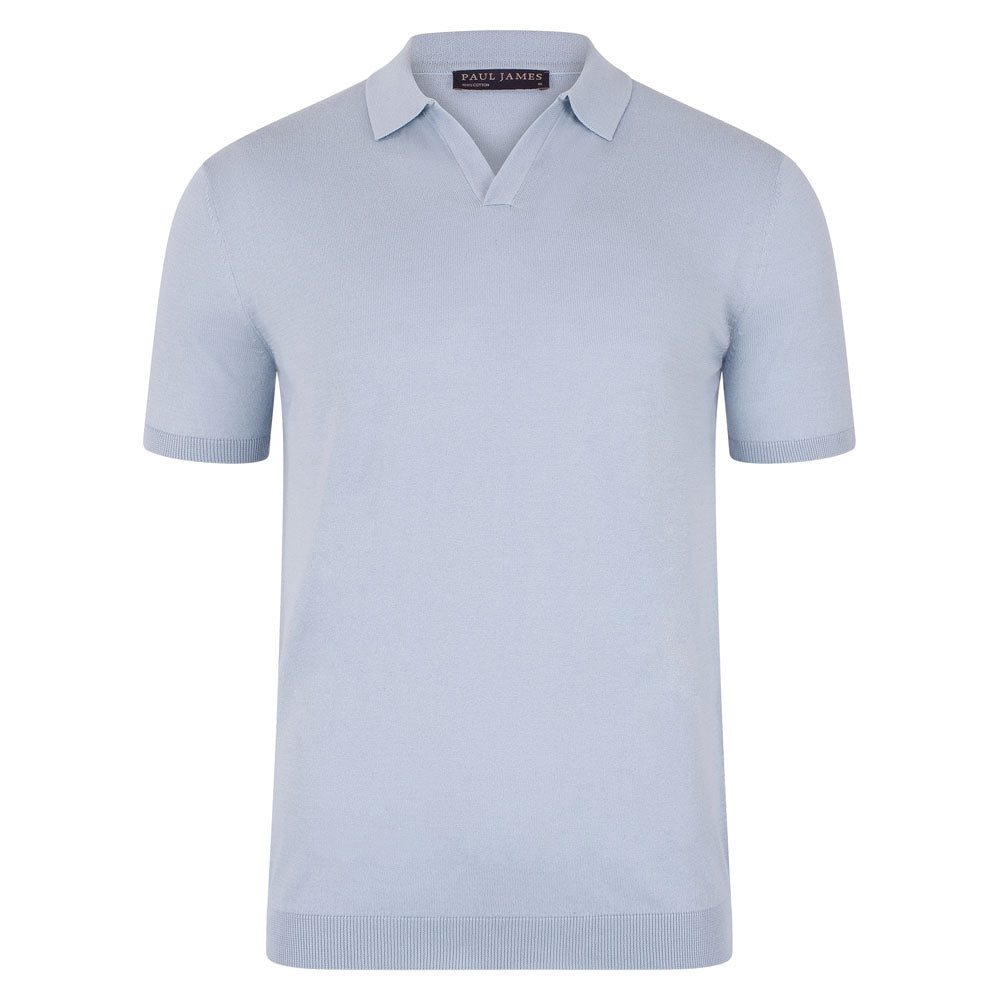 Paul James Knitwear Men's Ultra Fine Cotton Nathan Buttonless Polo Shirt  - Chalk Blue In Blue