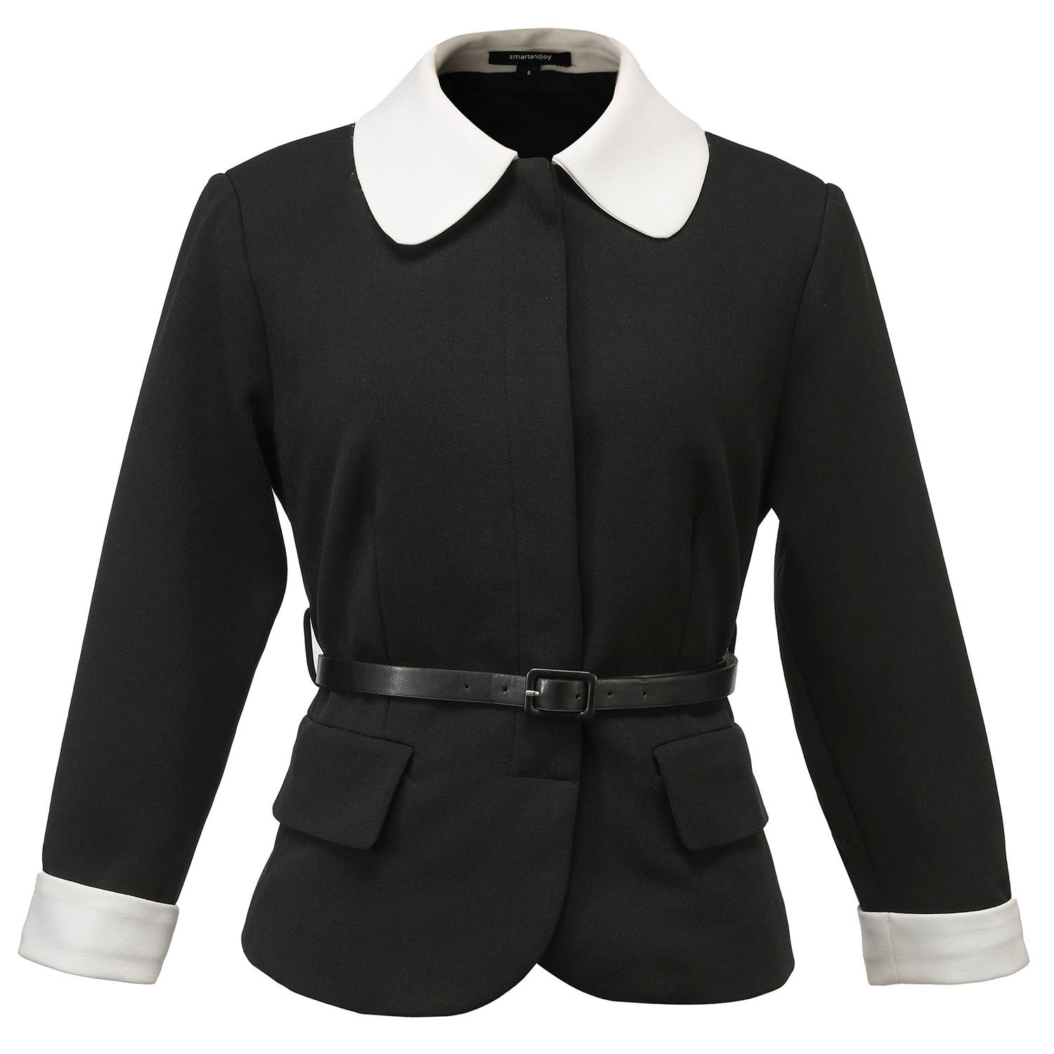 Smart And Joy Women's Black Double Breasted White Collar Jacket In Black