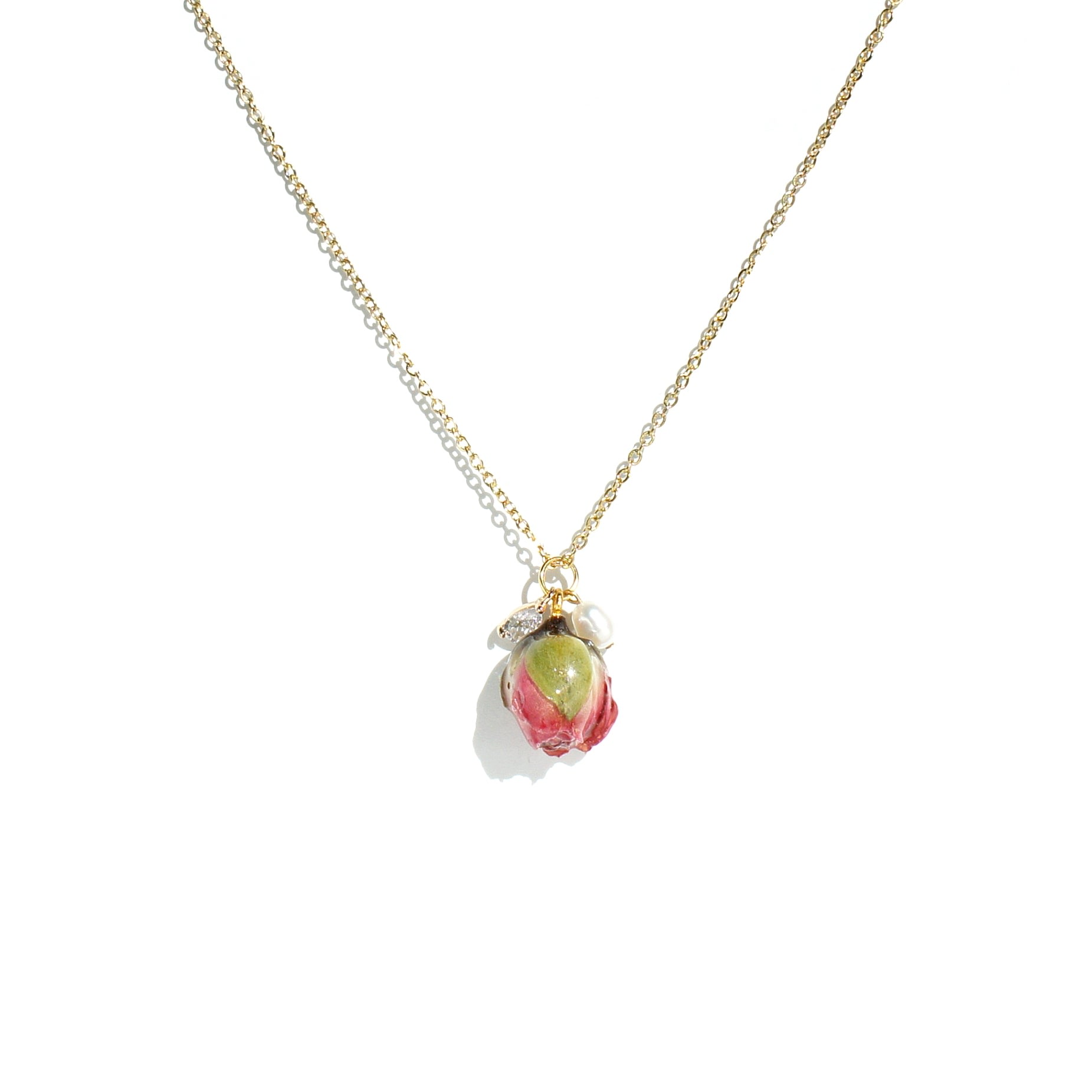 I'mmany London Women's Pink Real Flower Ingrid Chain Necklace With Rosebud, Crystal & Pearl Pendants In Pink
