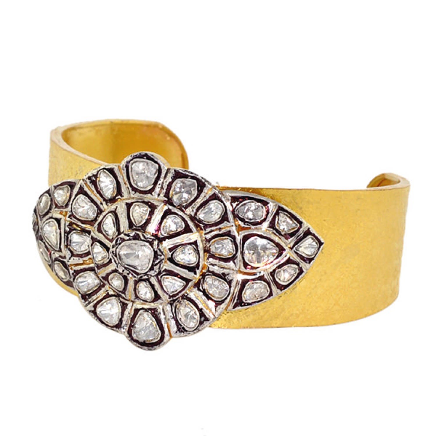 Women’s White / Gold Uncut Diamond 18K Solid Yellow Gold Cuff Bangle Handmade Jewelry Artisan