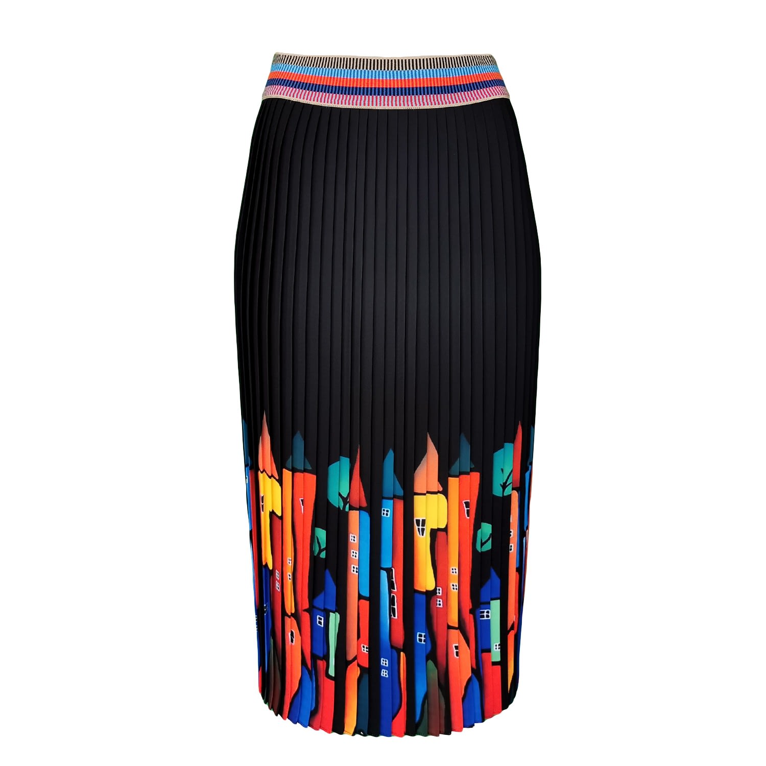 Lalipop Design Women's Black Midi Pleated Skirt With Colorful House Prints In Black