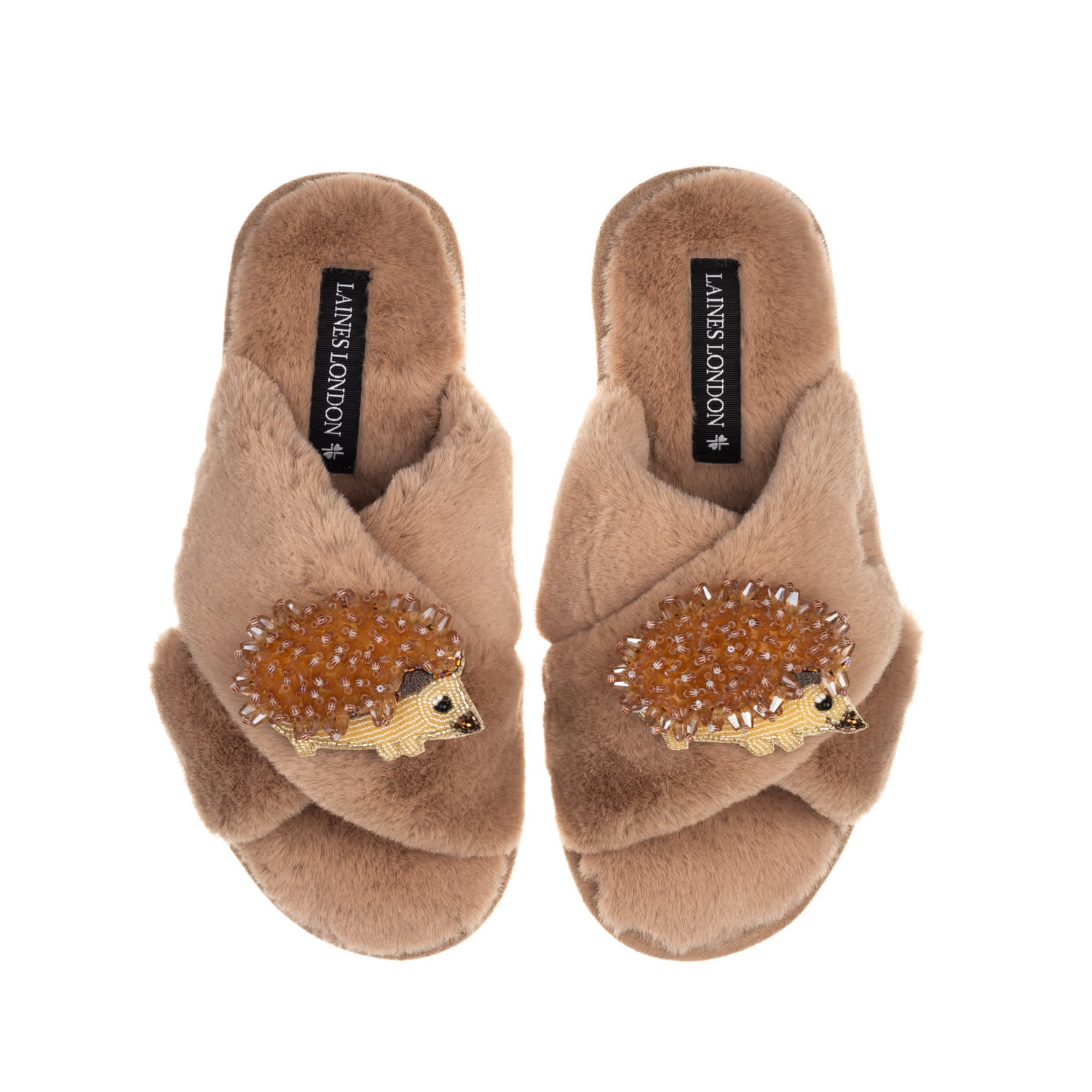 Laines London Women's Brown Classic Laines Slippers With Double Hedgehog Brooches - Toffee In Brown