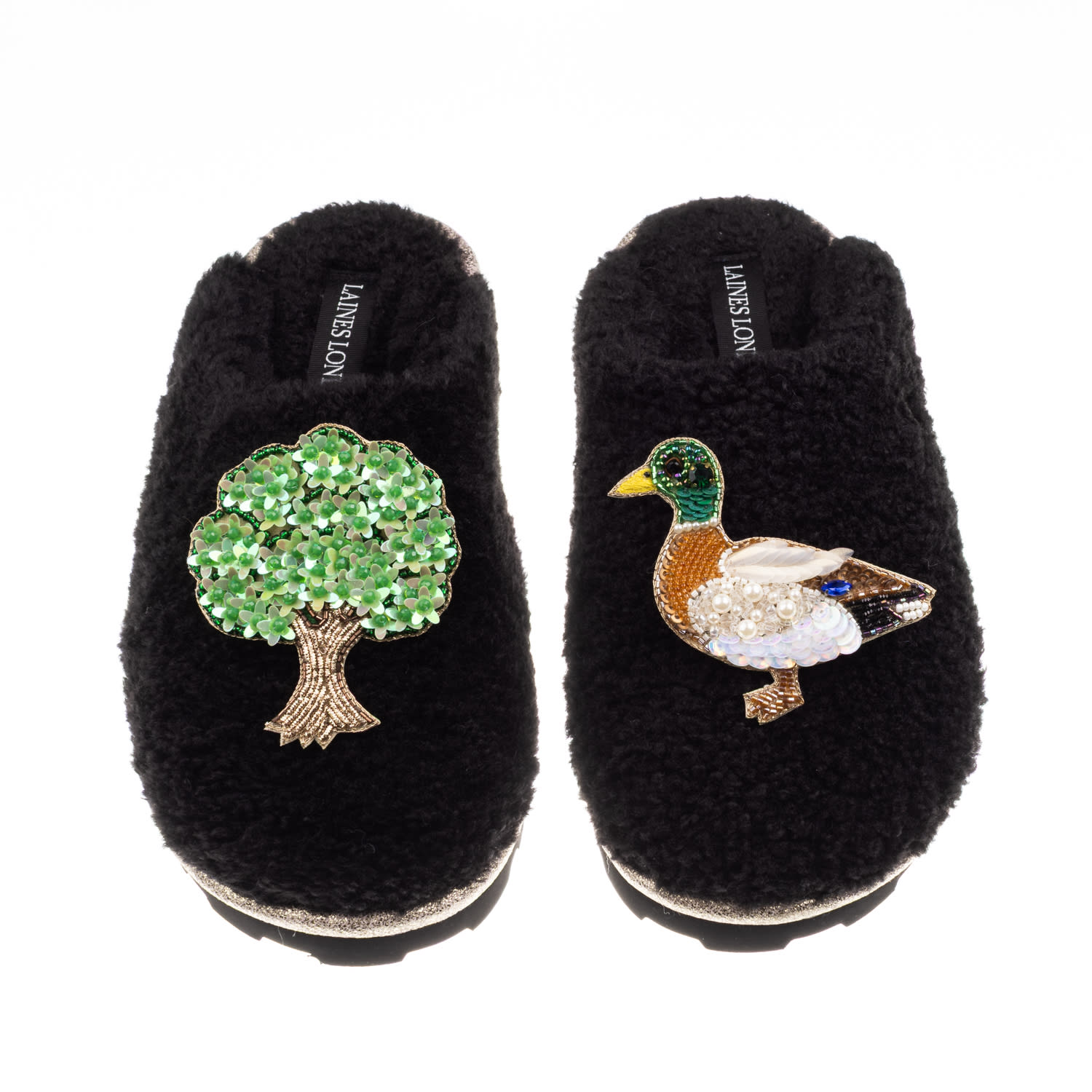 Laines London Women's Teddy Closed Toe Slippers With Duck & Oak Tree Brooches - Black In Black