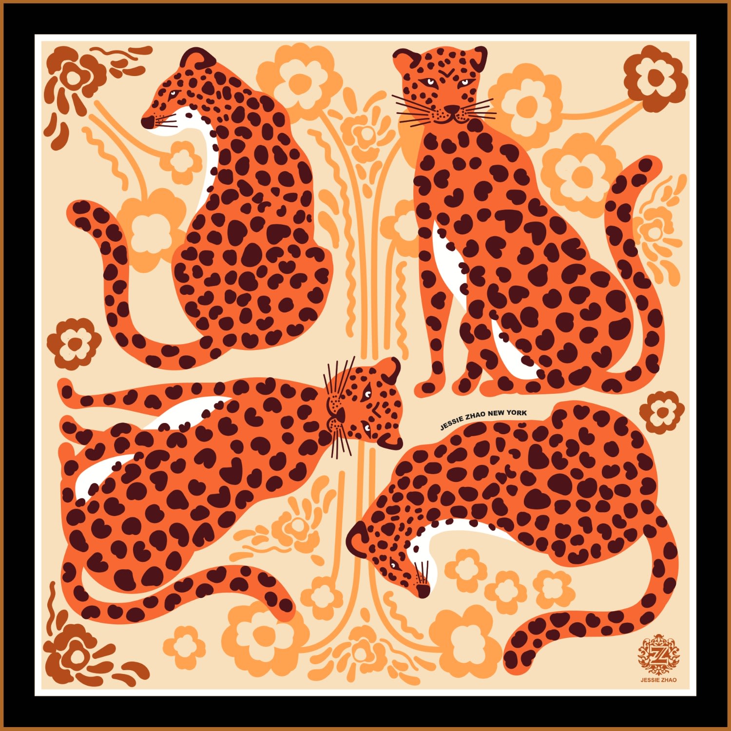 Women’s Brown Silk Bandana Of Leopards With Floral Fountain Jessie Zhao New York