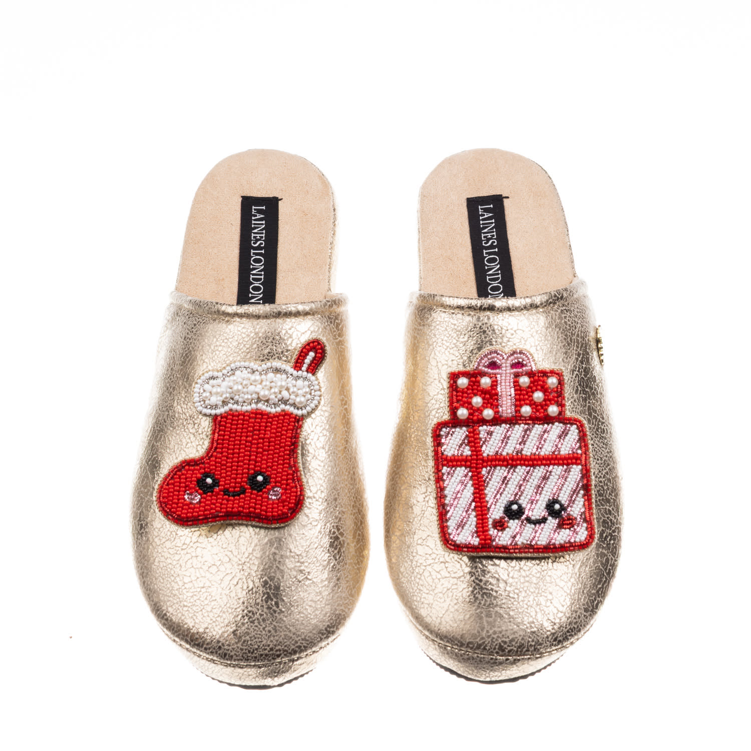 Laines London Women's Gold Softie Slippers With Christmas Lovable Stocking & Gift Brooches In Gold