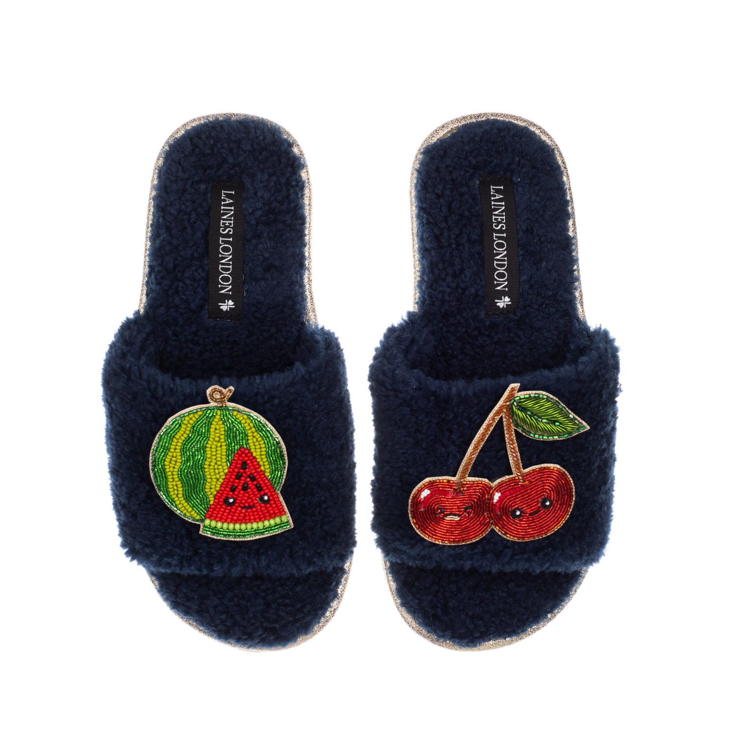 Laines London Women's Blue Teddy Slider Slippers With Laines Loveables Watermelon & Cherry Brooches - Navy In Blue