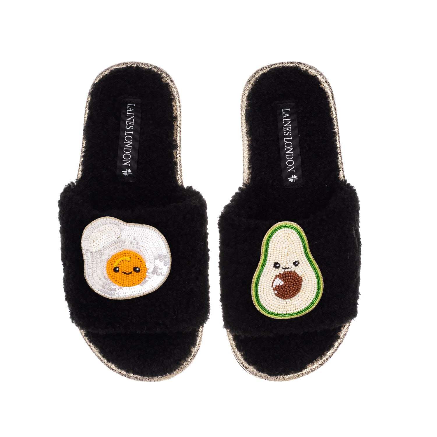 Laines London Women's Teddy Slider Slippers With Laines Loveables Egg & Avocado Brooches - Black In Black