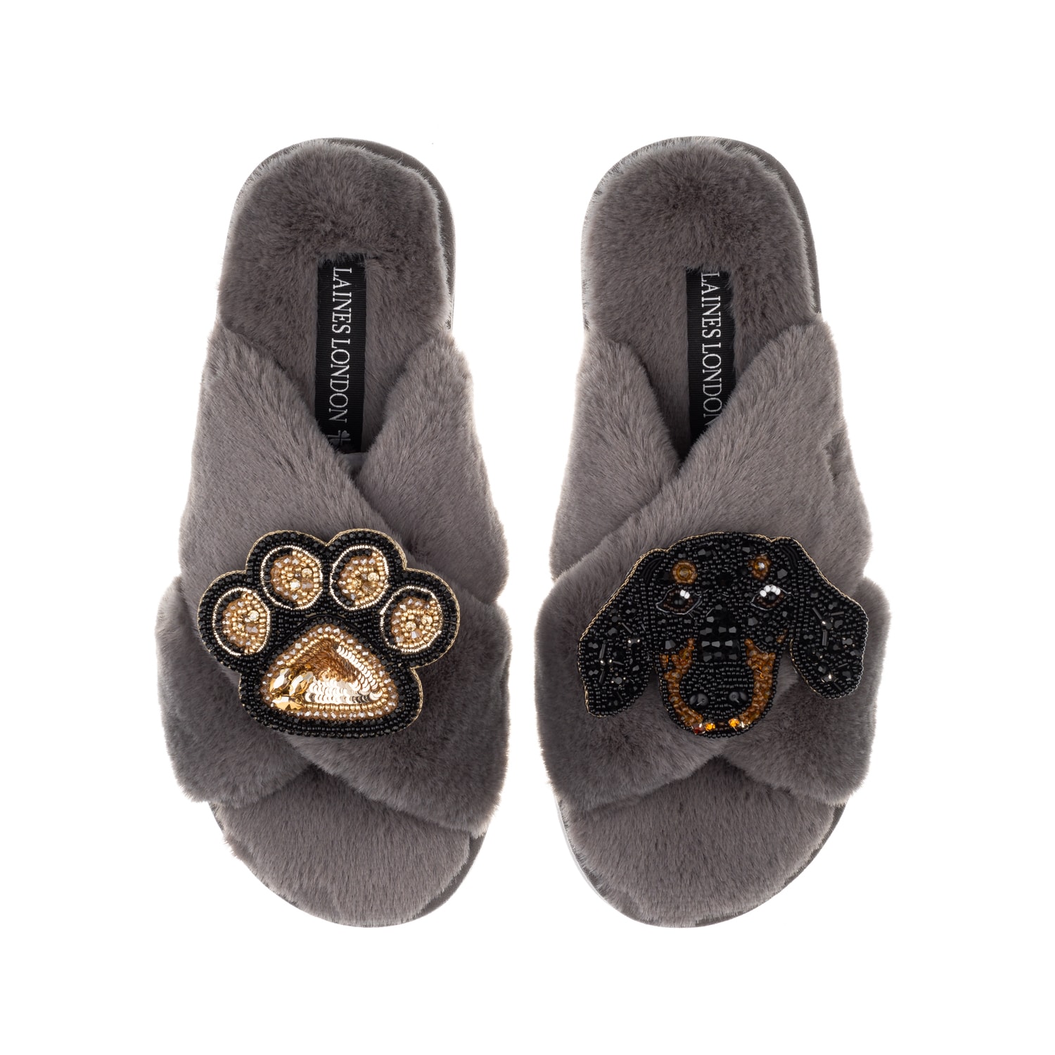 Women’s Classic Laines Slippers With Artisan Little Sausage & Paw Brooches - Grey Large Laines London