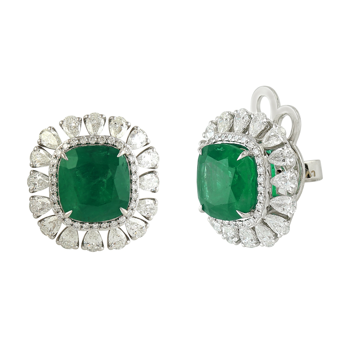 Women’s White / Green 18K Solid White Gold In Cushion Cut Emerald & Pear Diamond Stud Earrings Artisan