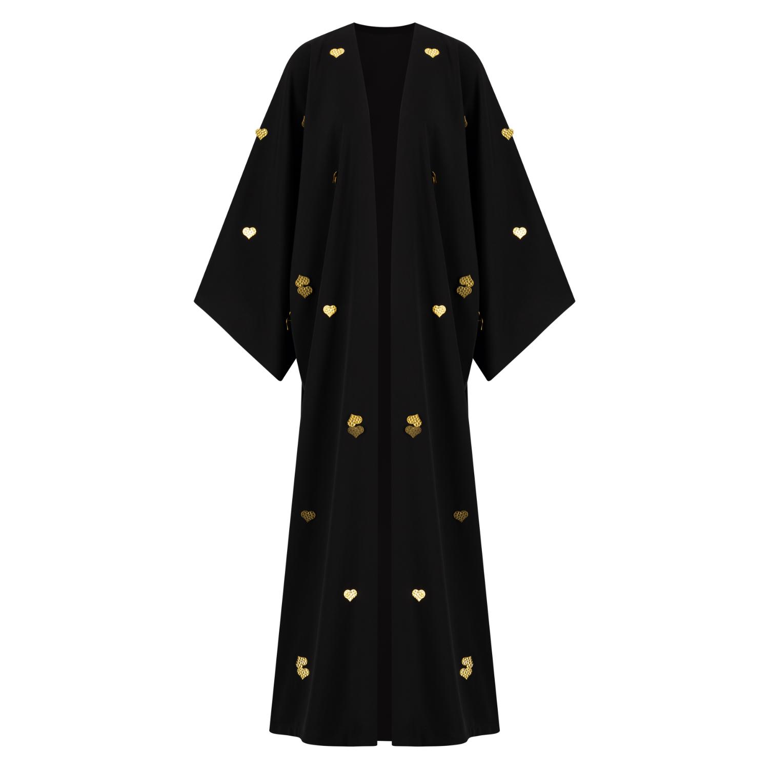 Azzalia Women's Black Classic Abaya With Scattered Metal Heart Motifs-after Dark In Black