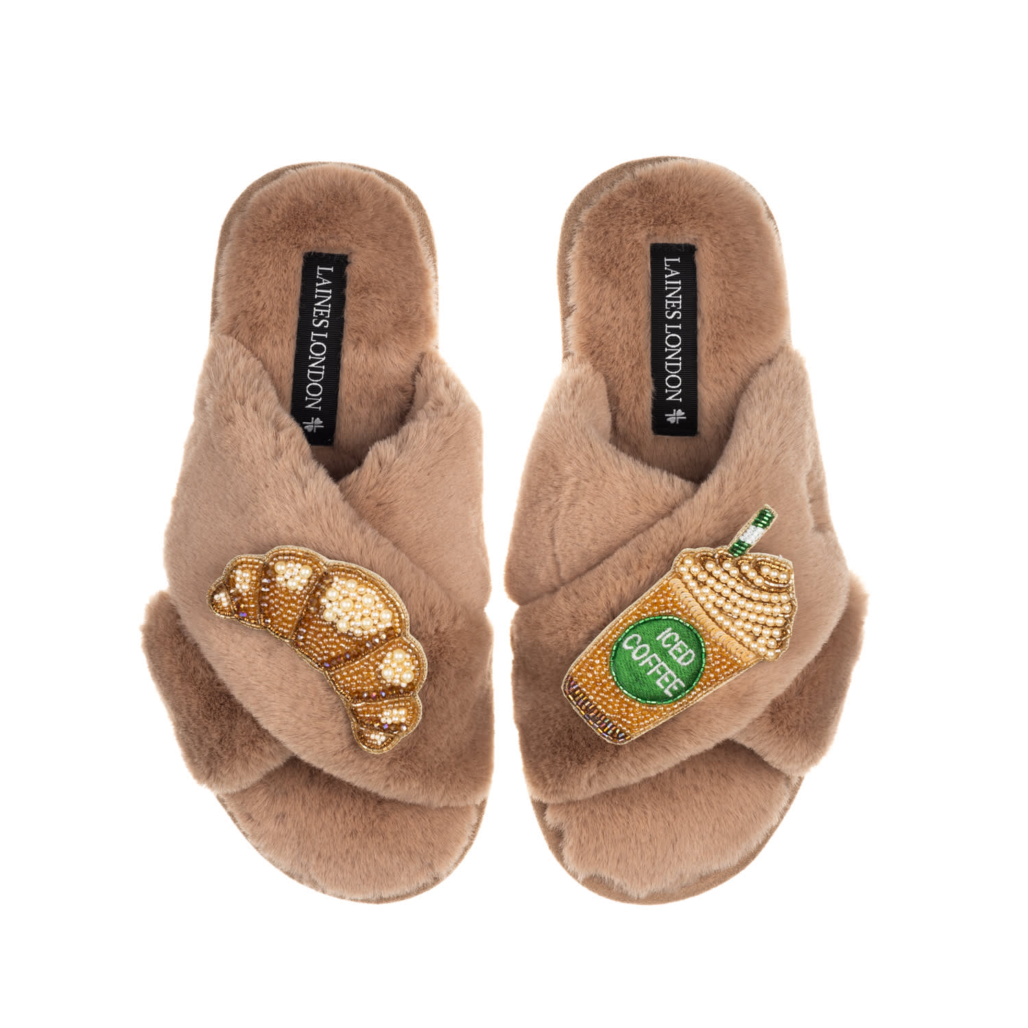 Laines London Women's Brown Classic Laines Slippers With Iced Coffee & Croissant Brooches - Toffee In Brown
