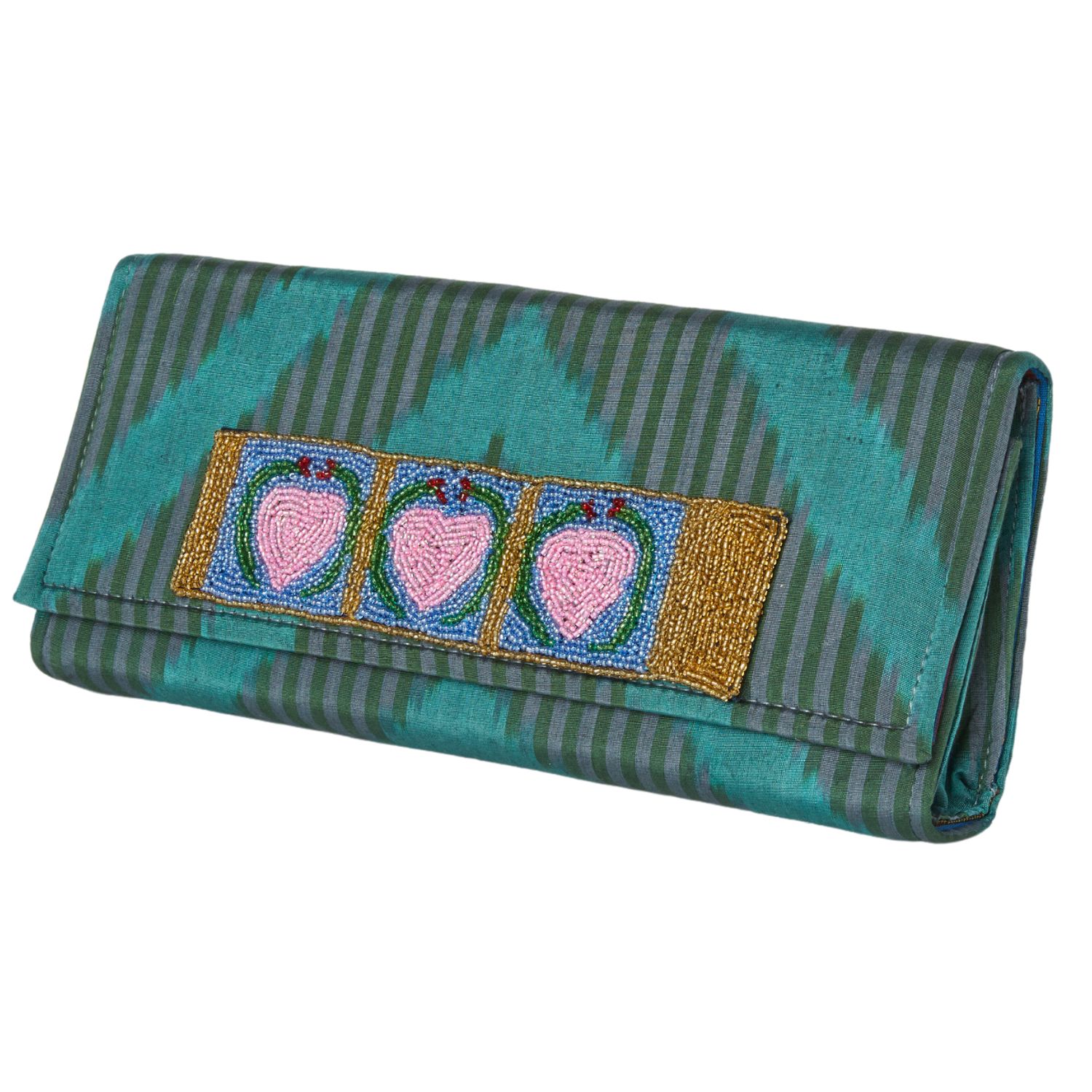 Women’s Du Monde Collection- Sussex Silk Ikat Clutch - Green Larkin Lane