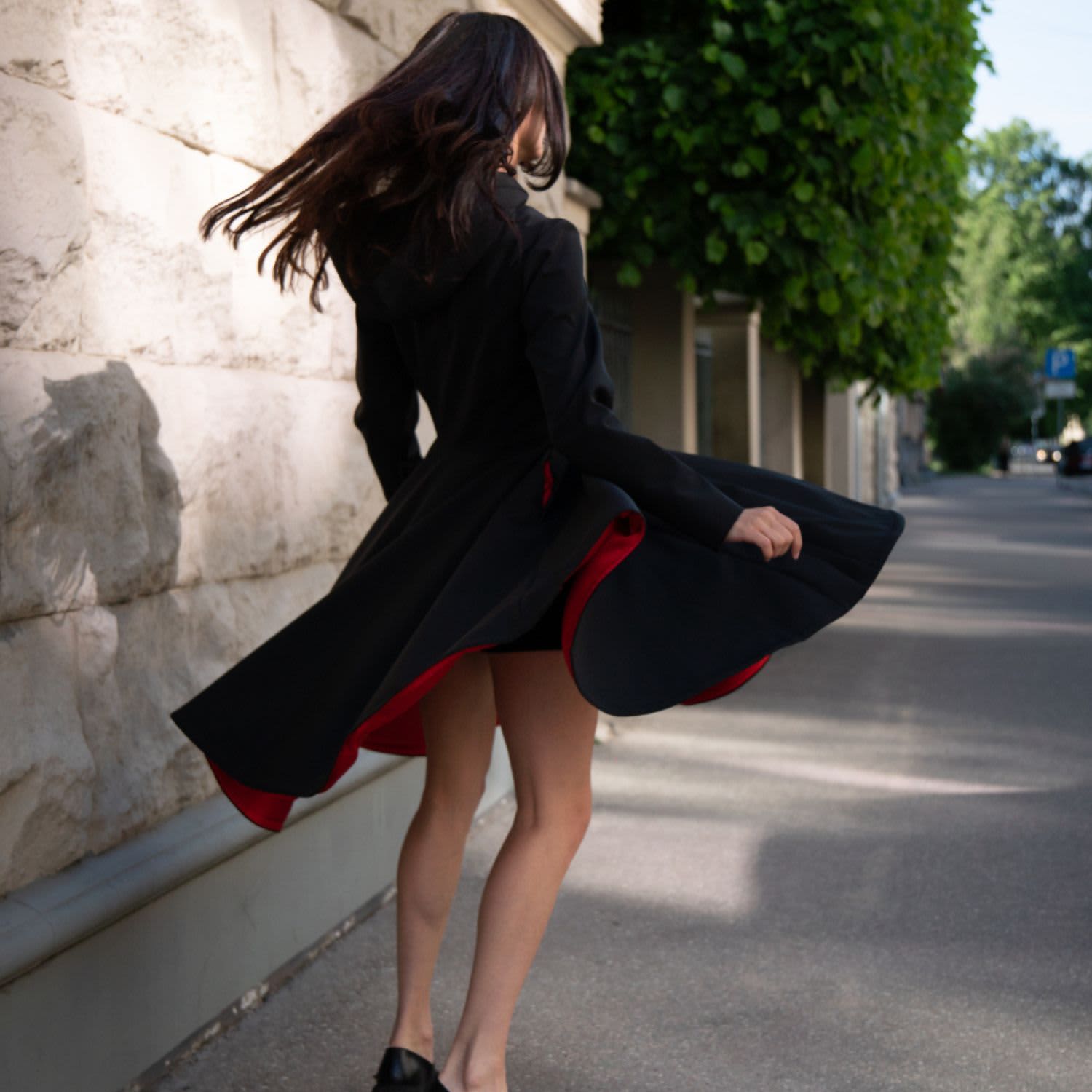 Black Coat With Red Lining: Raven Red | RainSisters | Wolf & Badger