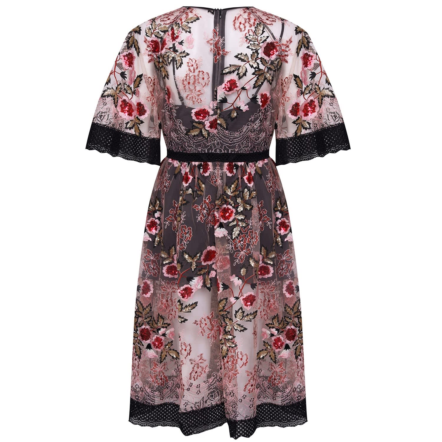 black embroidered skater dress