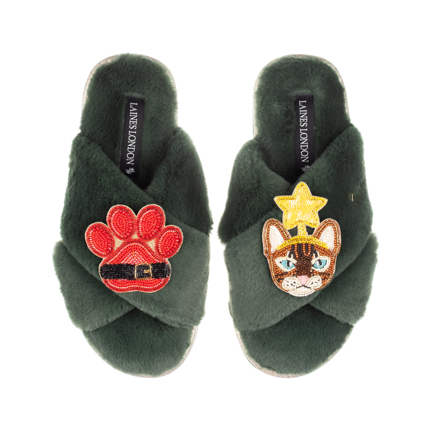 Laines London Women's Classic Slippers With Christmas Brown/orange Tabby Cat & Paw Brooches - Limited Edition Gree In Green