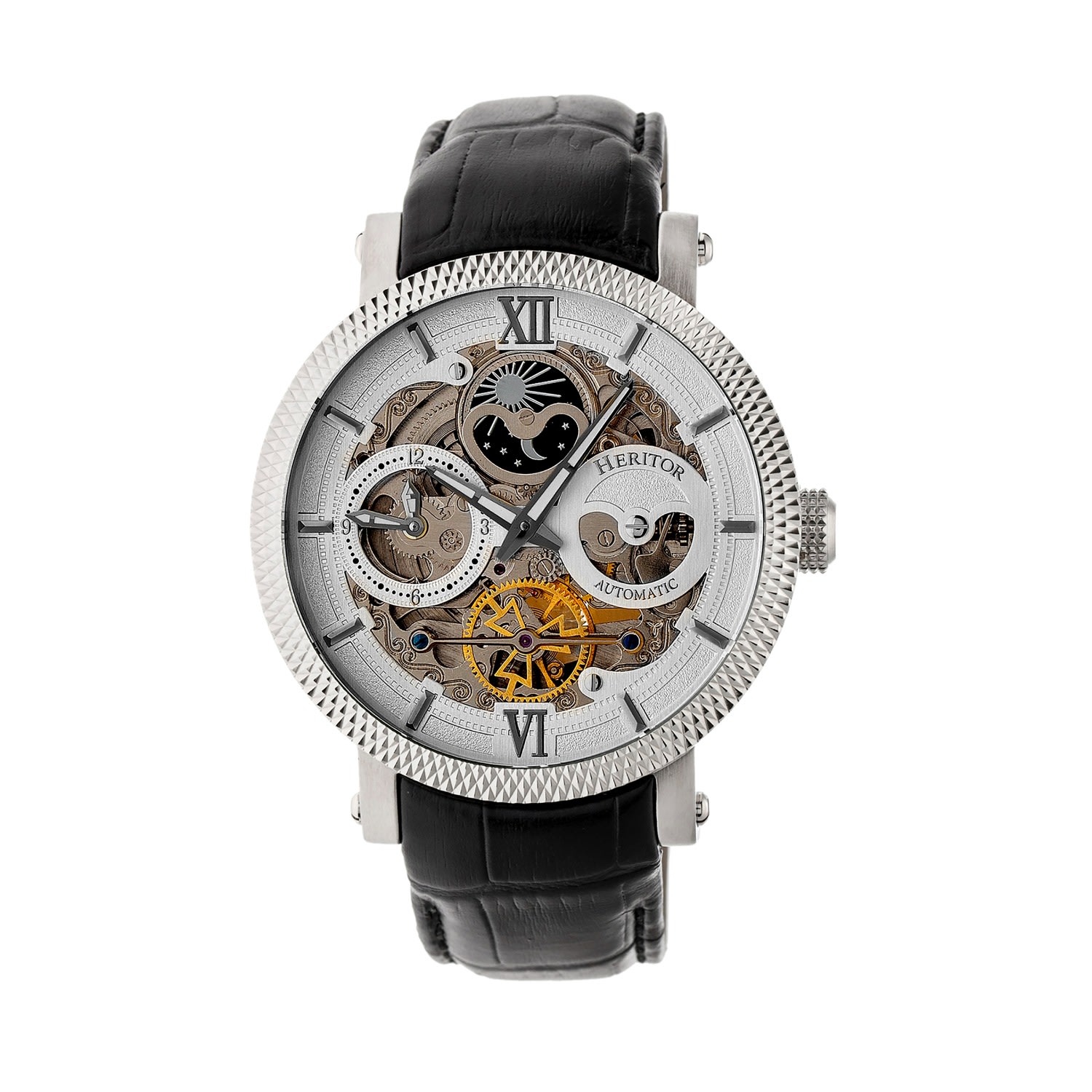 Men’s Aries Leather-Band Skeleton Watch With Moon Phase - Silver Heritor Automatic