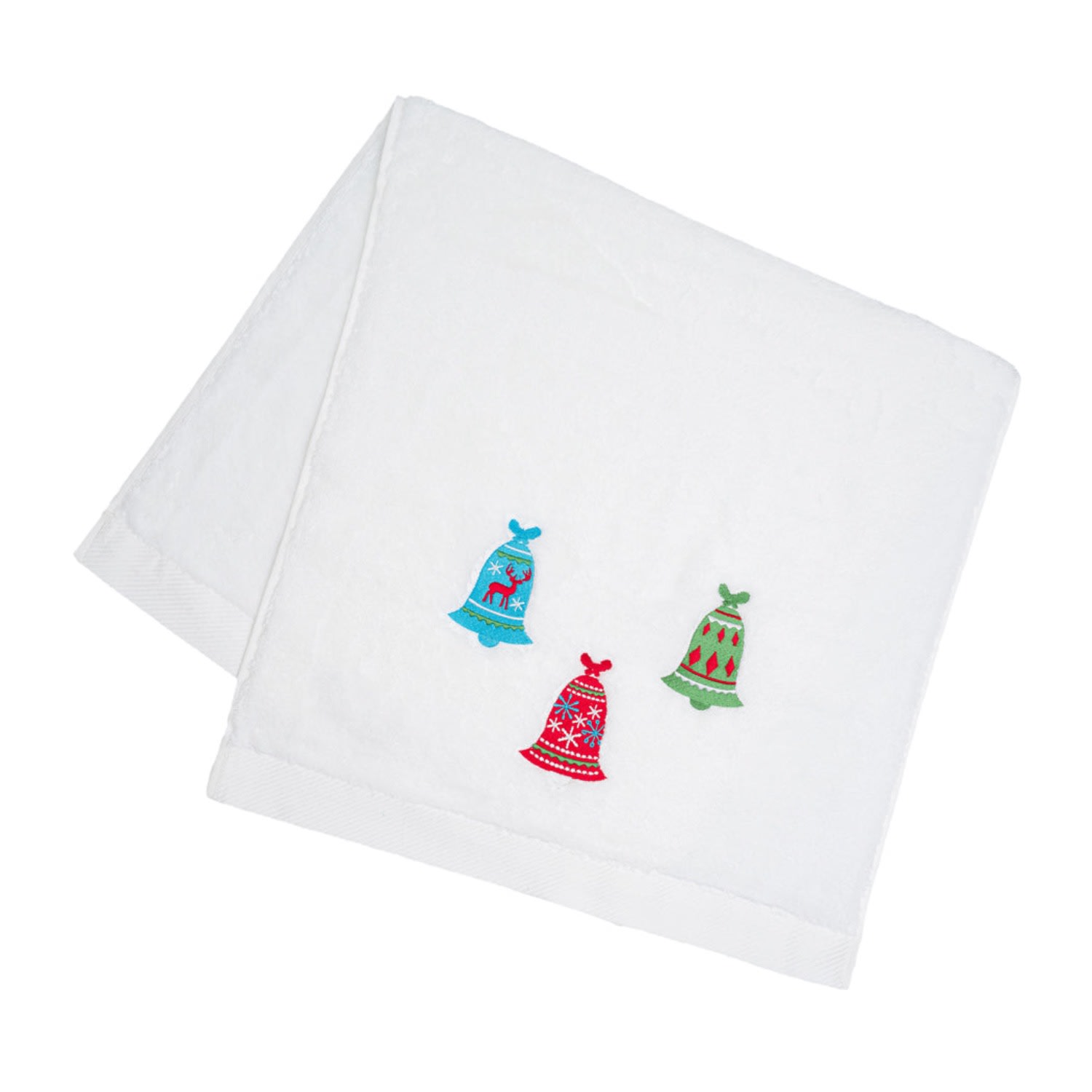 Km Home Collection White Christmas Bells Embroidery Face Towel In White